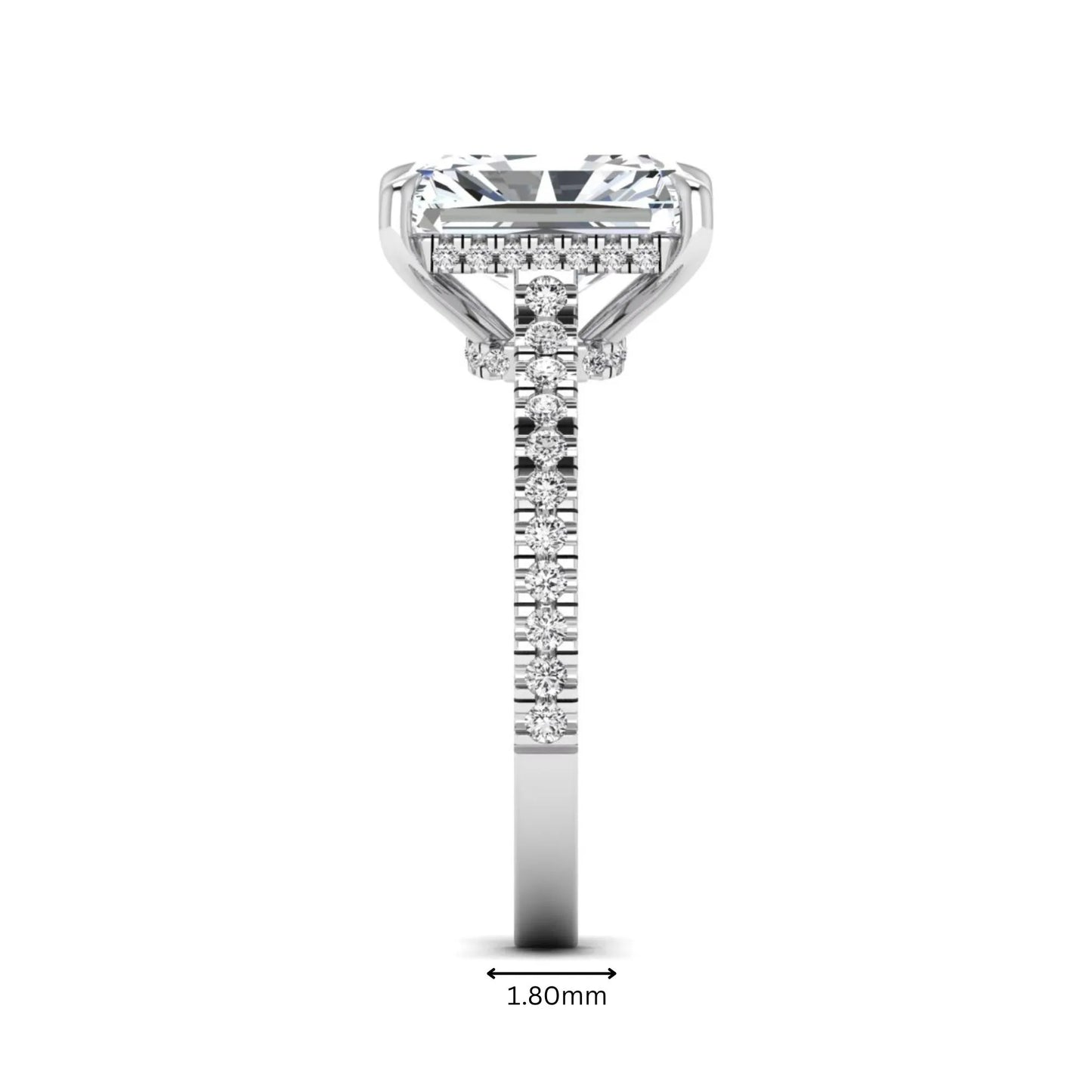 IGI Certified 3.49 carat radiant cut lab grown diamond hidden halo engagement ring with pavé band in white gold.