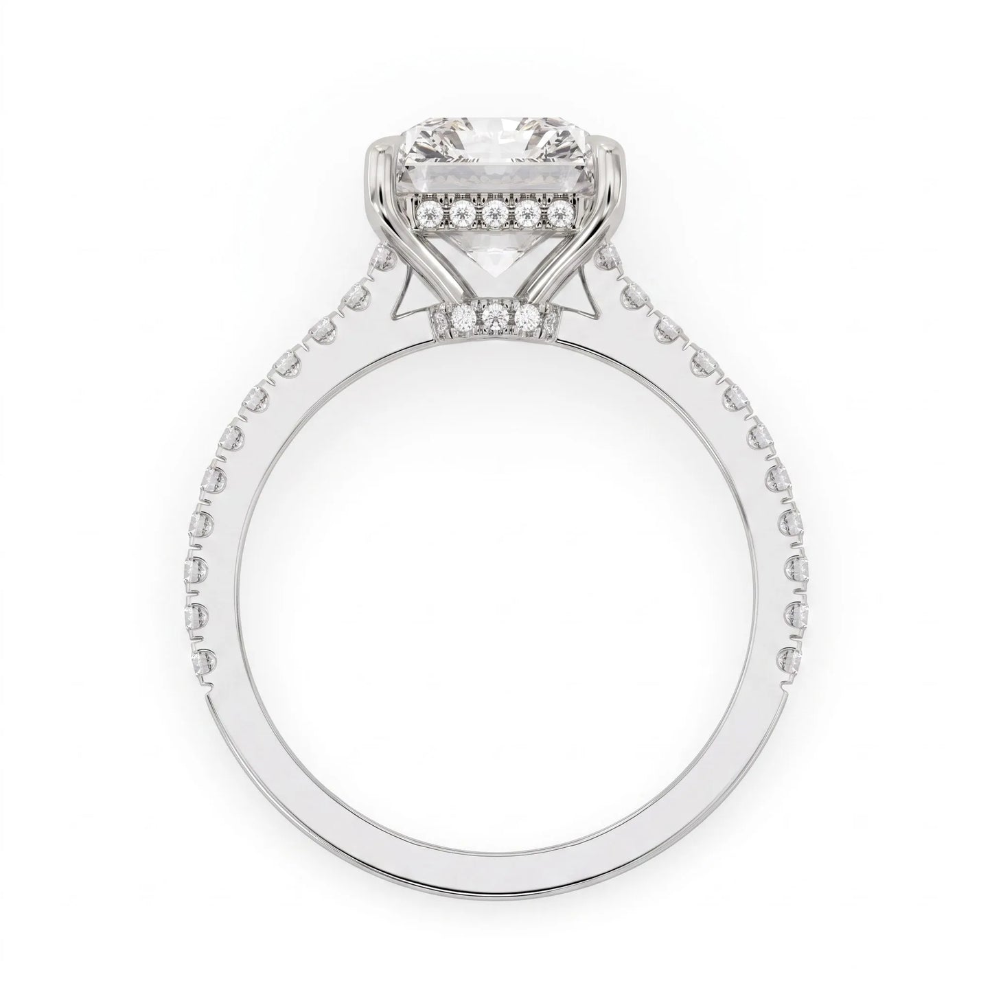 IGI Certified 3.49 carat radiant cut lab grown diamond hidden halo engagement ring with pavé band in white gold.