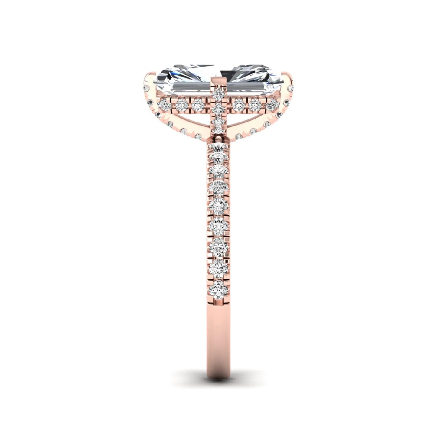 Rose-gold ring with a diamond band on a white background