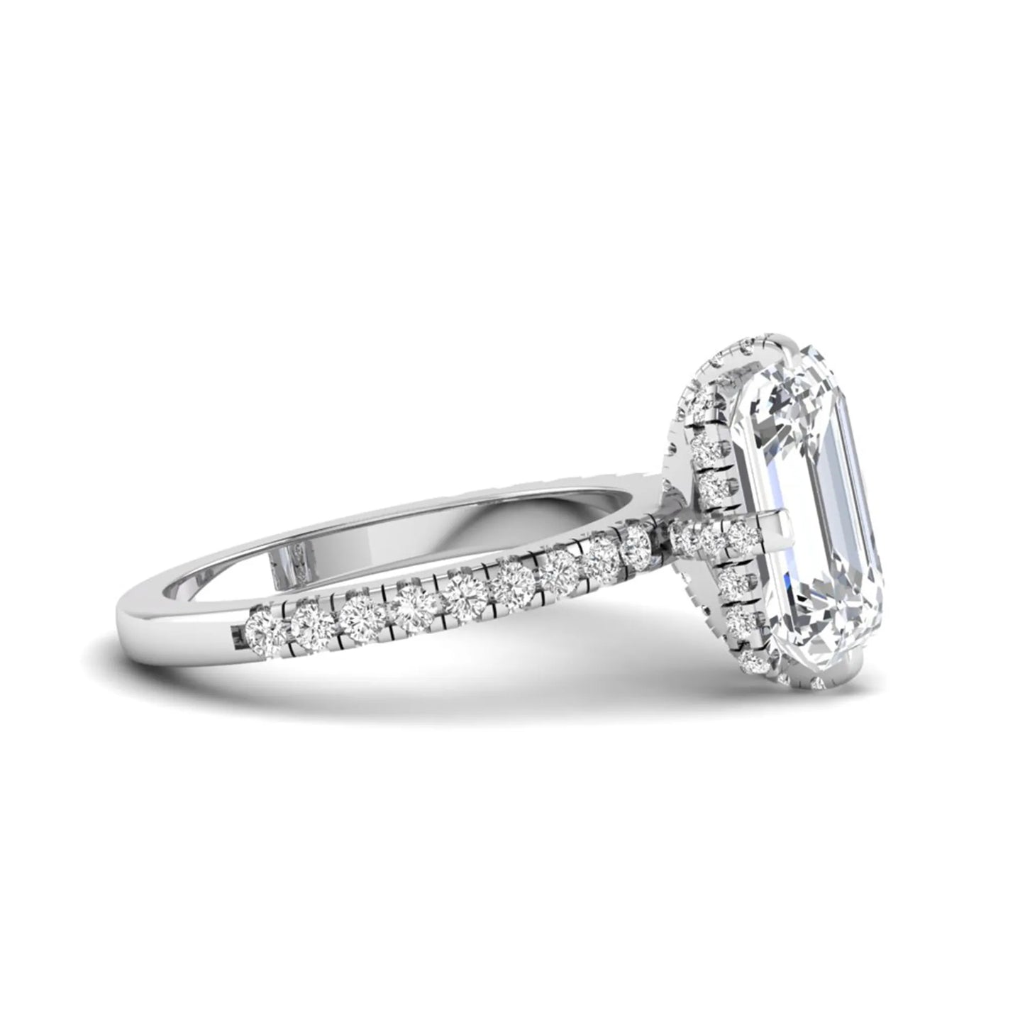IGI Certified 3.81 carat radiant cut lab grown diamond engagement ring with hidden halo and round side stone accents in white gold.