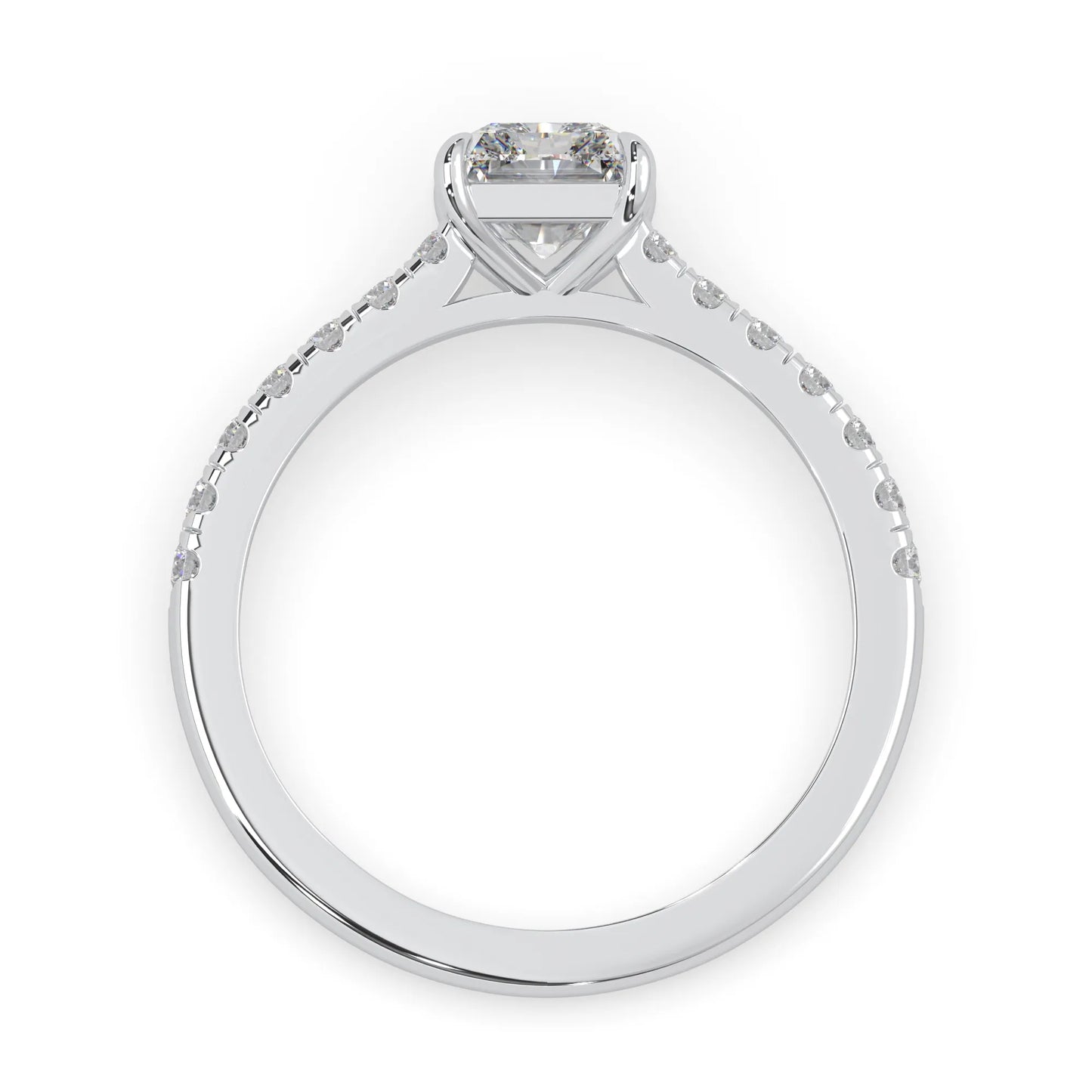 radiant cut lab grown diamond prong set engagement ring with pavé band and white gold metal tone design