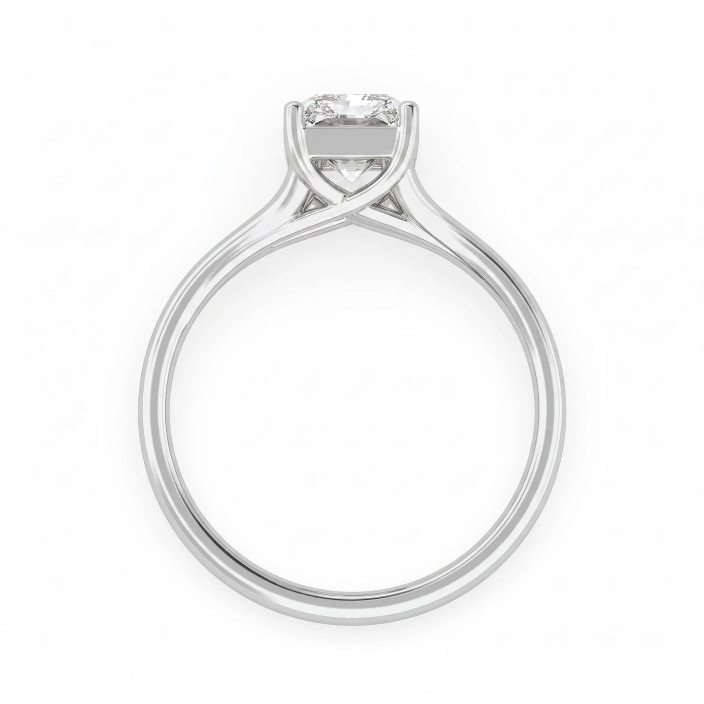 Radiant cut lab grown diamond solitaire engagement ring featuring a split shank band with a four-prong setting in polished white gold.