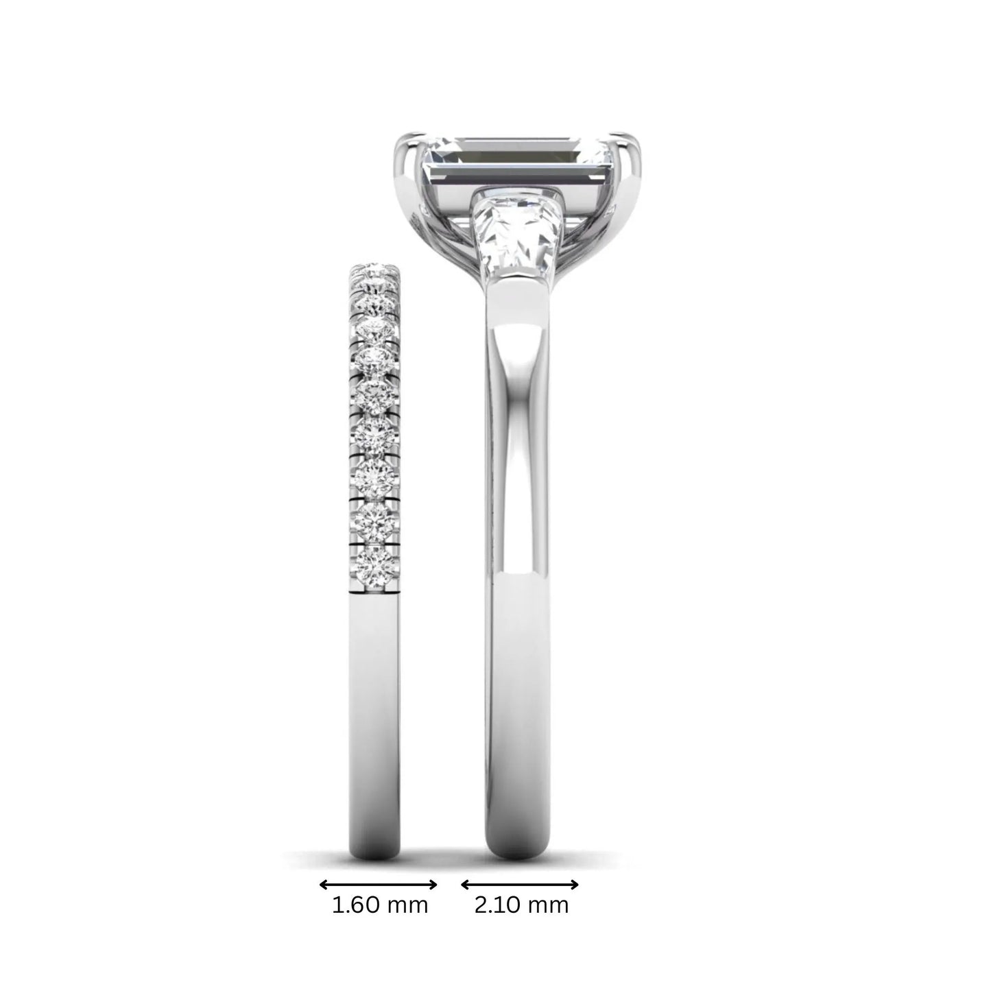 Radiant cut lab grown diamond bridal ring set featuring baguette side diamonds and a pavé diamond wedding band in white gold tone design.