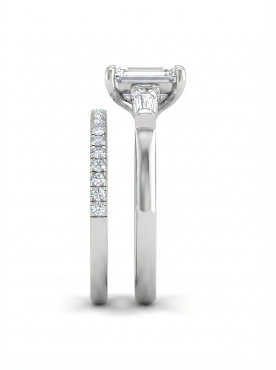 Radiant cut lab grown diamond bridal ring set featuring baguette side diamonds and a pavé diamond wedding band in white gold tone design.