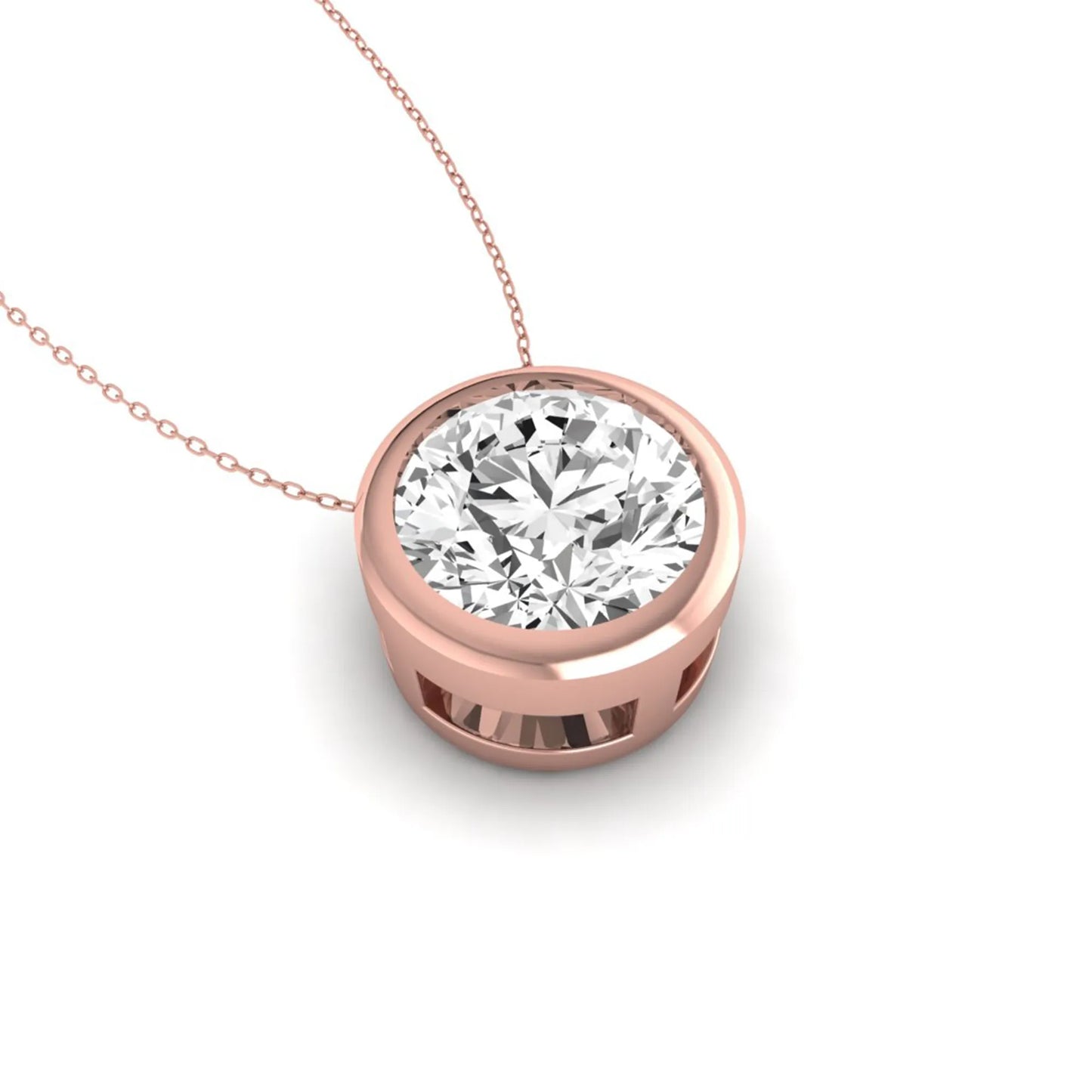 Round bezel set lab grown diamond solitaire pendant necklace in rose gold with brilliant round cut diamond.