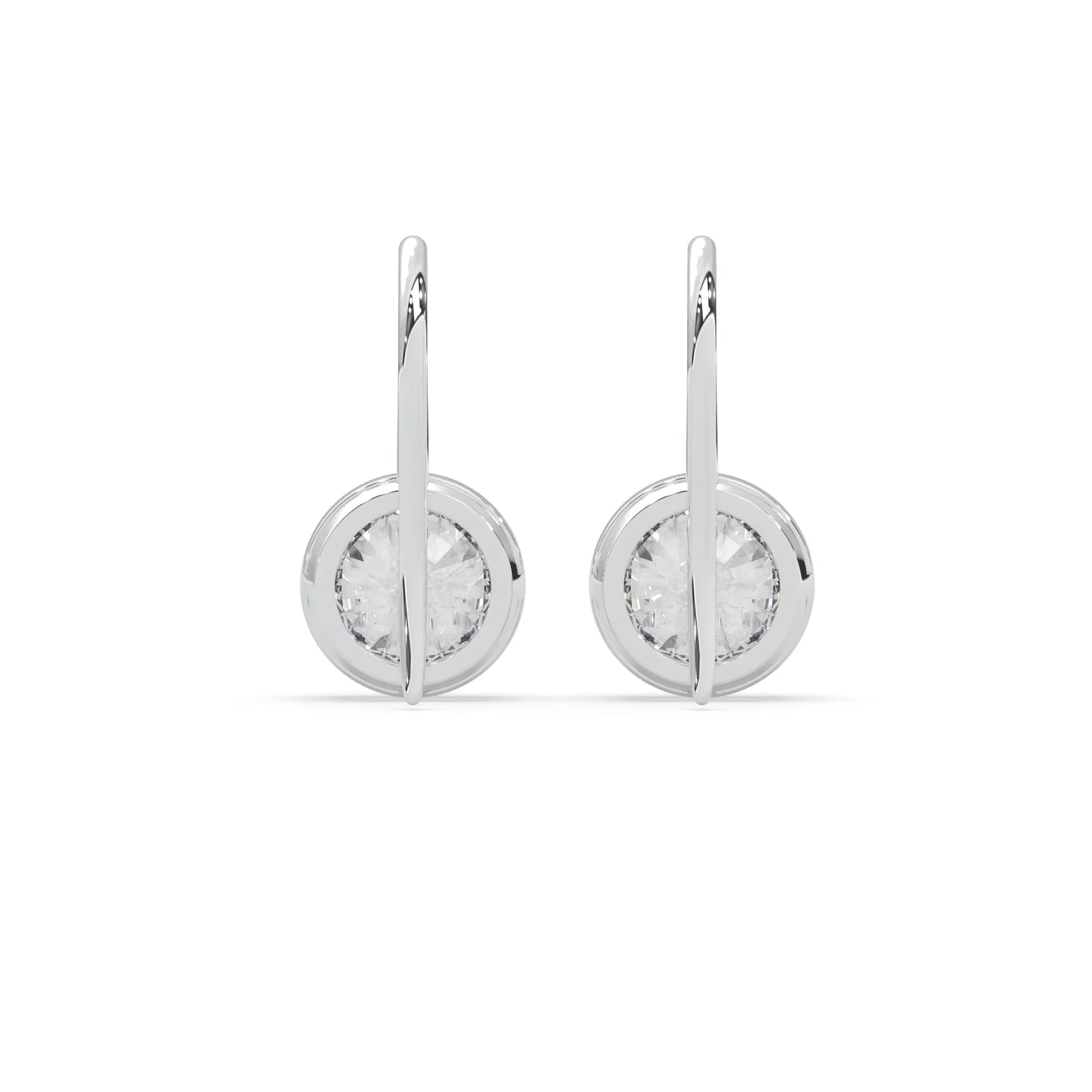 white gold Round bezel set lab grown diamond drop earrings with 6.50 mm IGI certified round diamonds and elegant French wire hook closure.