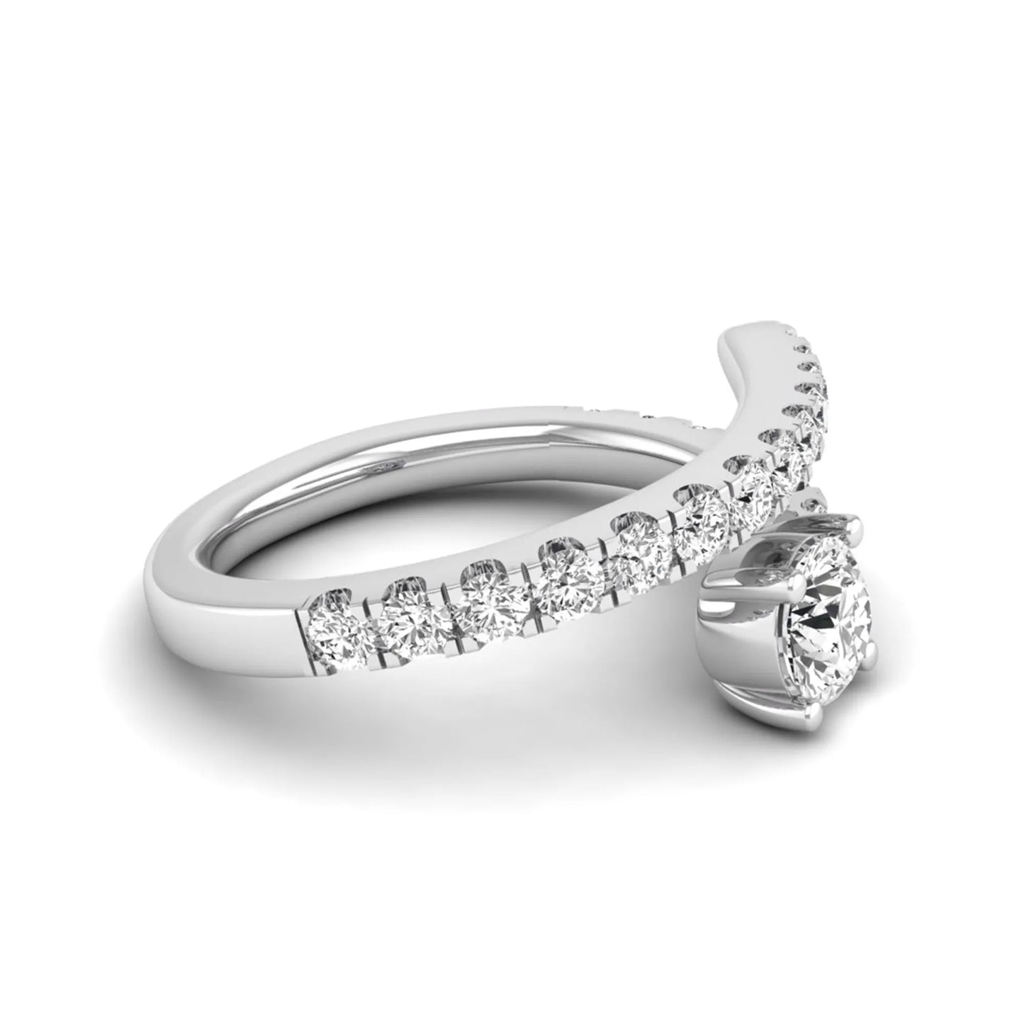 Round cut lab grown diamond bypass engagement ring with round pavé accent diamonds in a four-prong setting in white gold