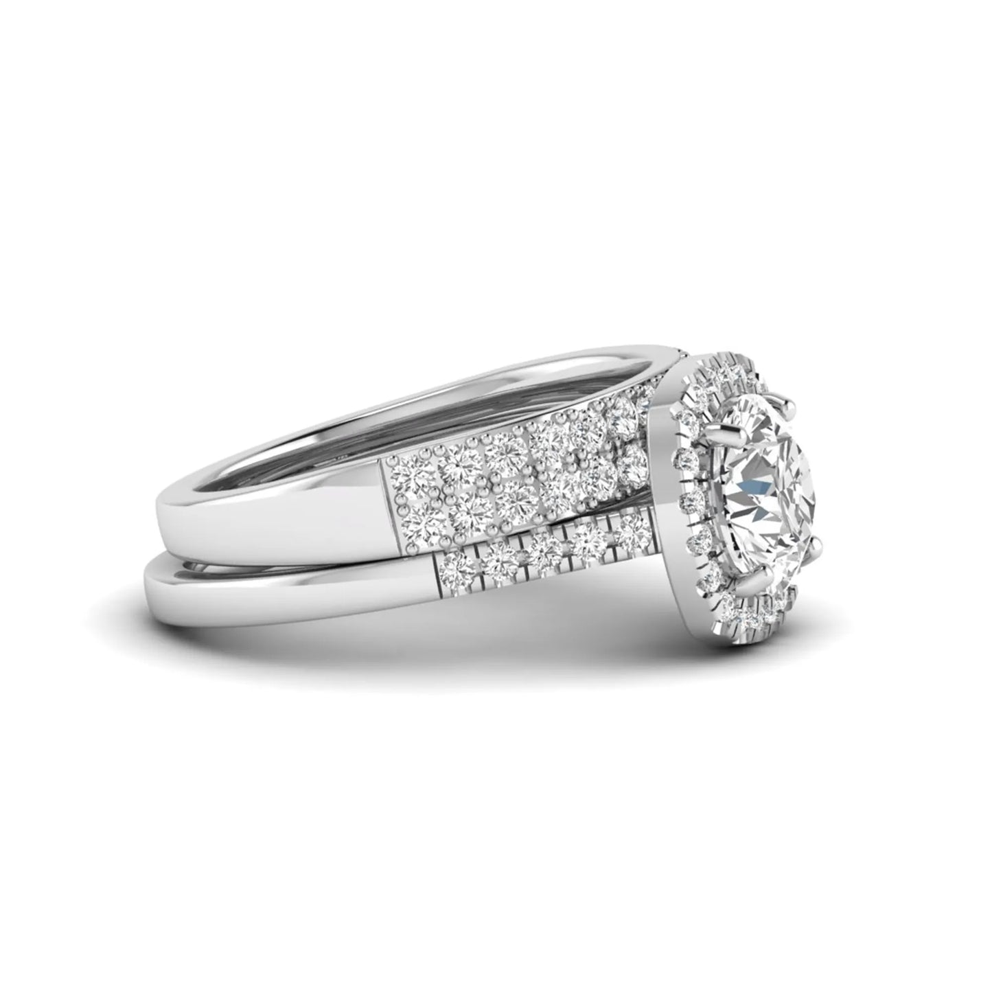 Round Cushion Halo Bridal Ring Set featuring an 8.00 mm round lab grown diamond with a cushion-shaped halo, pavé engagement ring, and matching pavé wedding band in white gold
