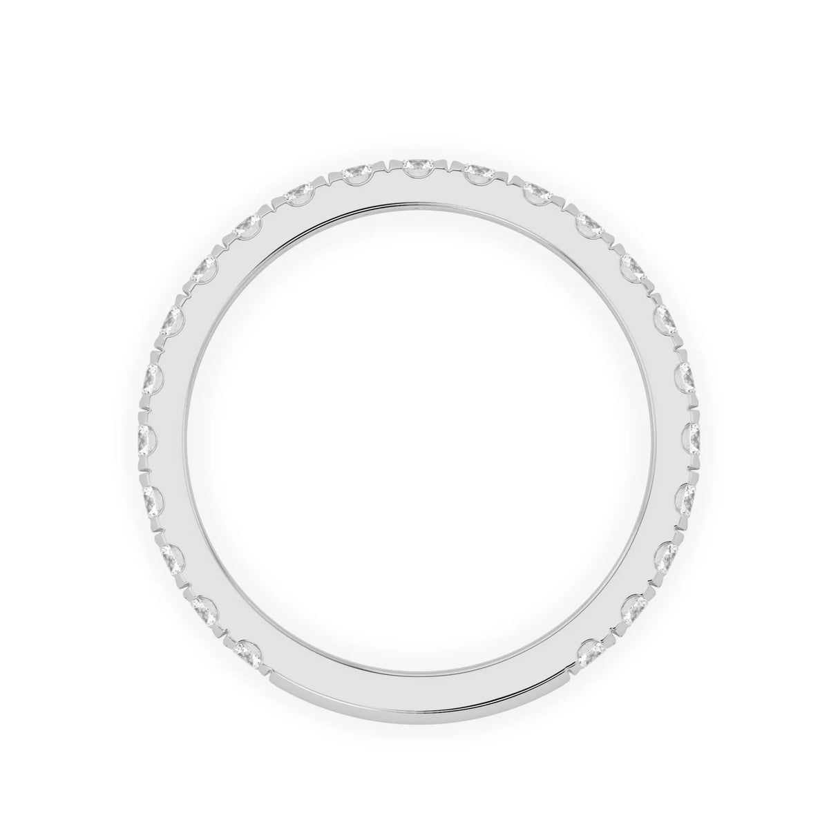 Round cut lab grown diamond full eternity band in white gold featuring shared prong set diamonds around the entire band.