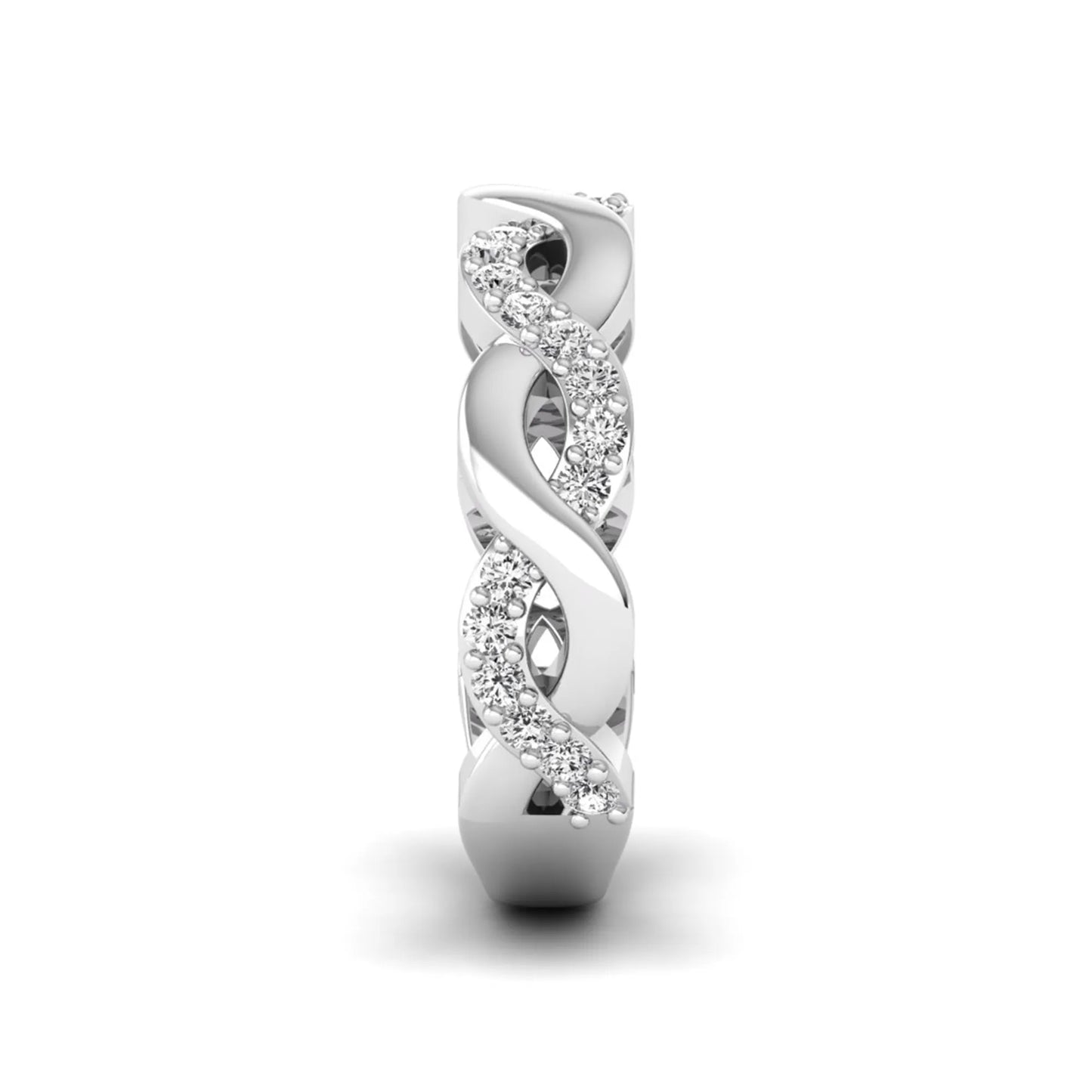 Round cut lab grown diamond infinity wedding band with pavé setting in white gold tone.