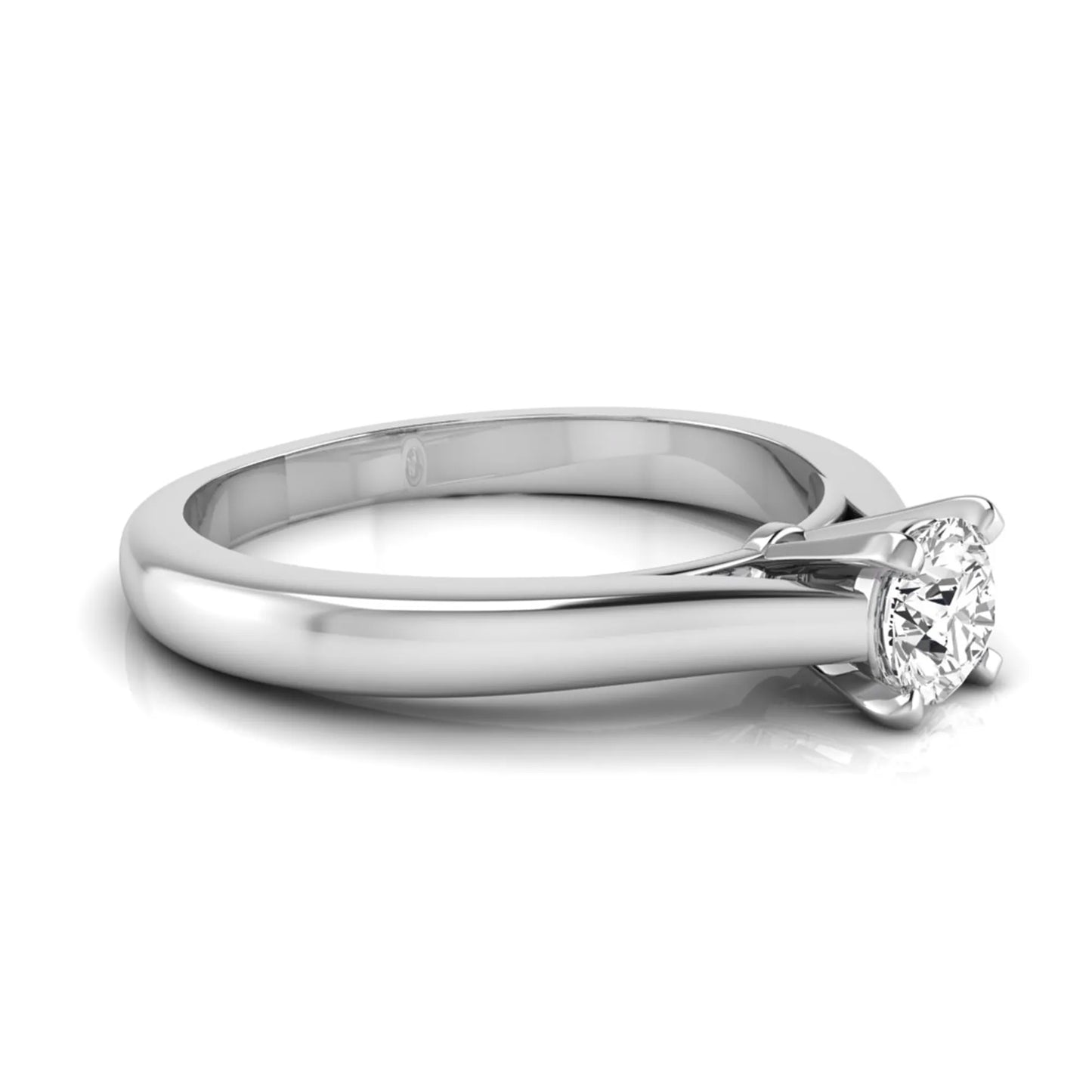 Round cut lab grown diamond solitaire engagement ring featuring a 0.33 carat center diamond in a classic four-prong setting in white gold