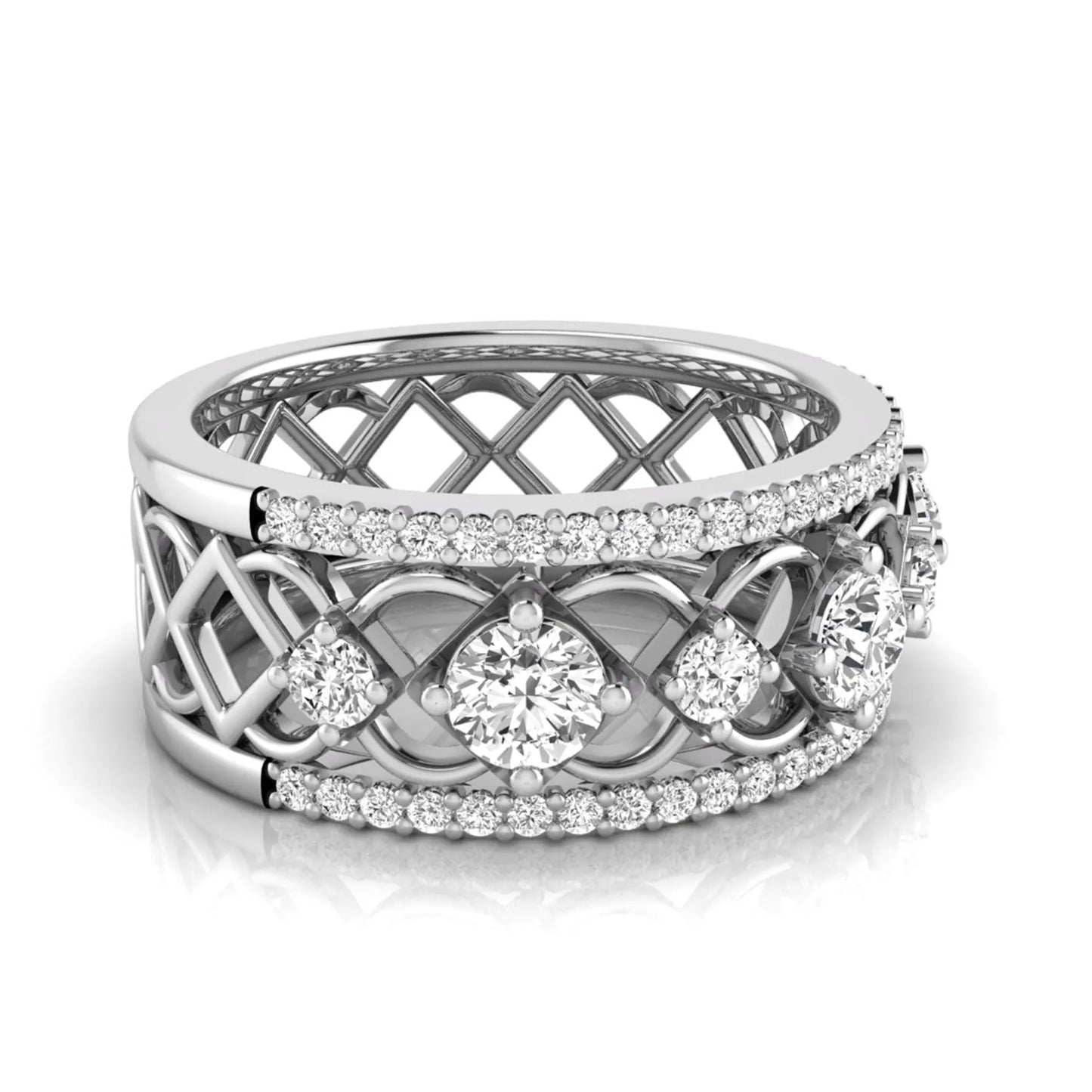Round cut lab grown diamond vintage wide band ring featuring intricate openwork lattice design with pavé diamond accents in white gold design