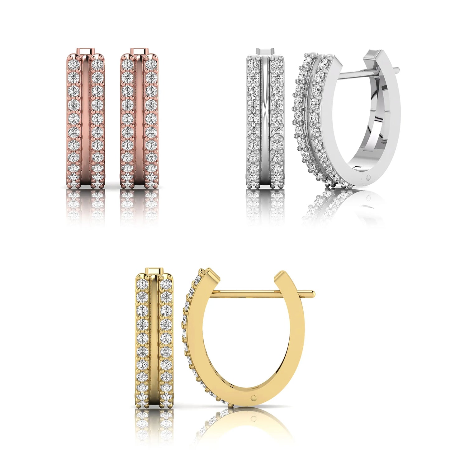 Set of hoop earrings in rose , silver, and gold on a white background