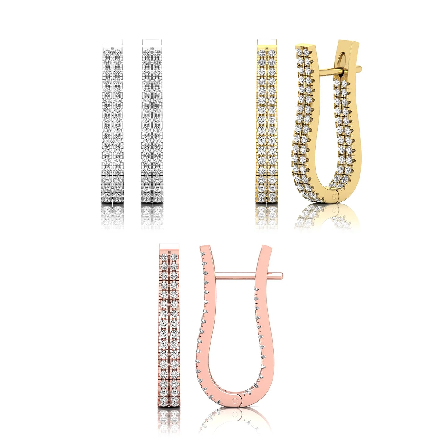 Set of gold, white, and rose hoop earrings on a white background