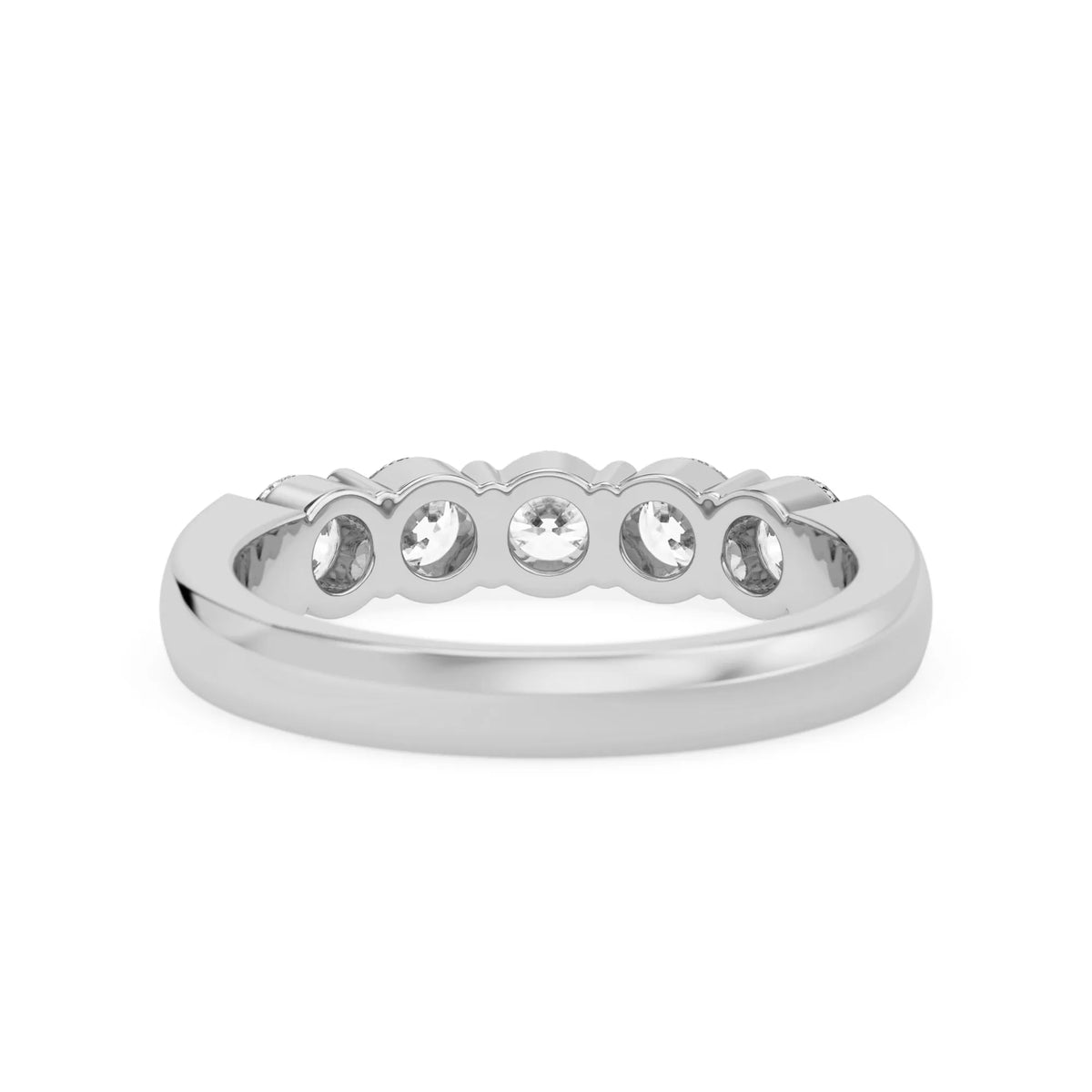 Round cut five stone lab grown diamond anniversary ring featuring a shared prong setting with a polished white gold finish band.