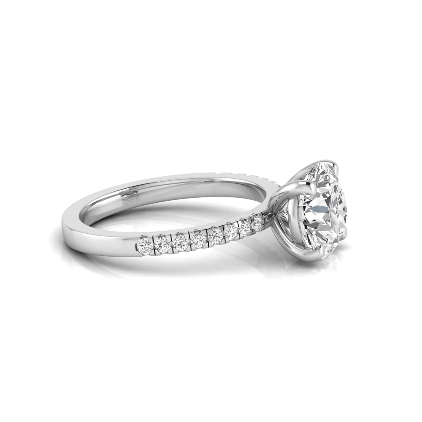 Round channel set lab grown diamond three stone ring with white gold metal tone and modern geometric design.