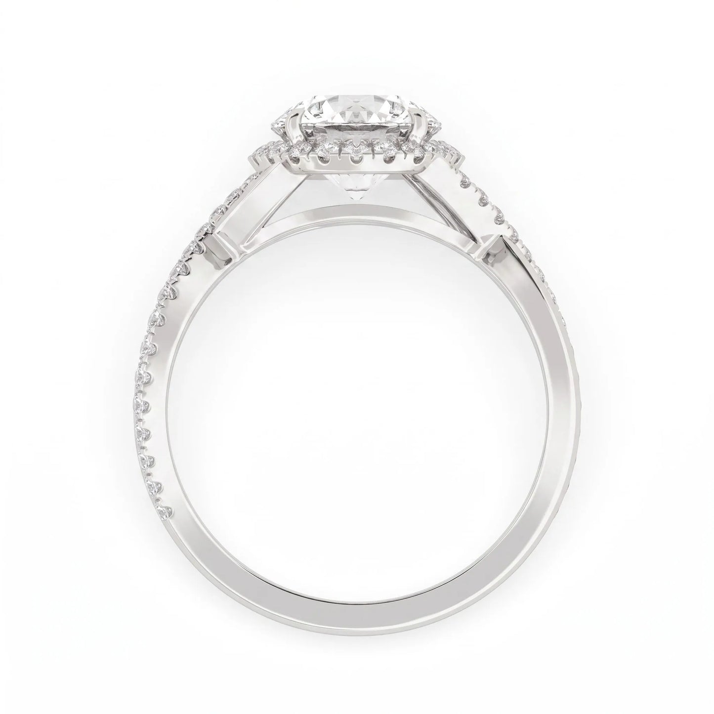 Round cut lab grown diamond halo engagement ring featuring a bypass split shank with pavé round diamonds in a white gold tone design.