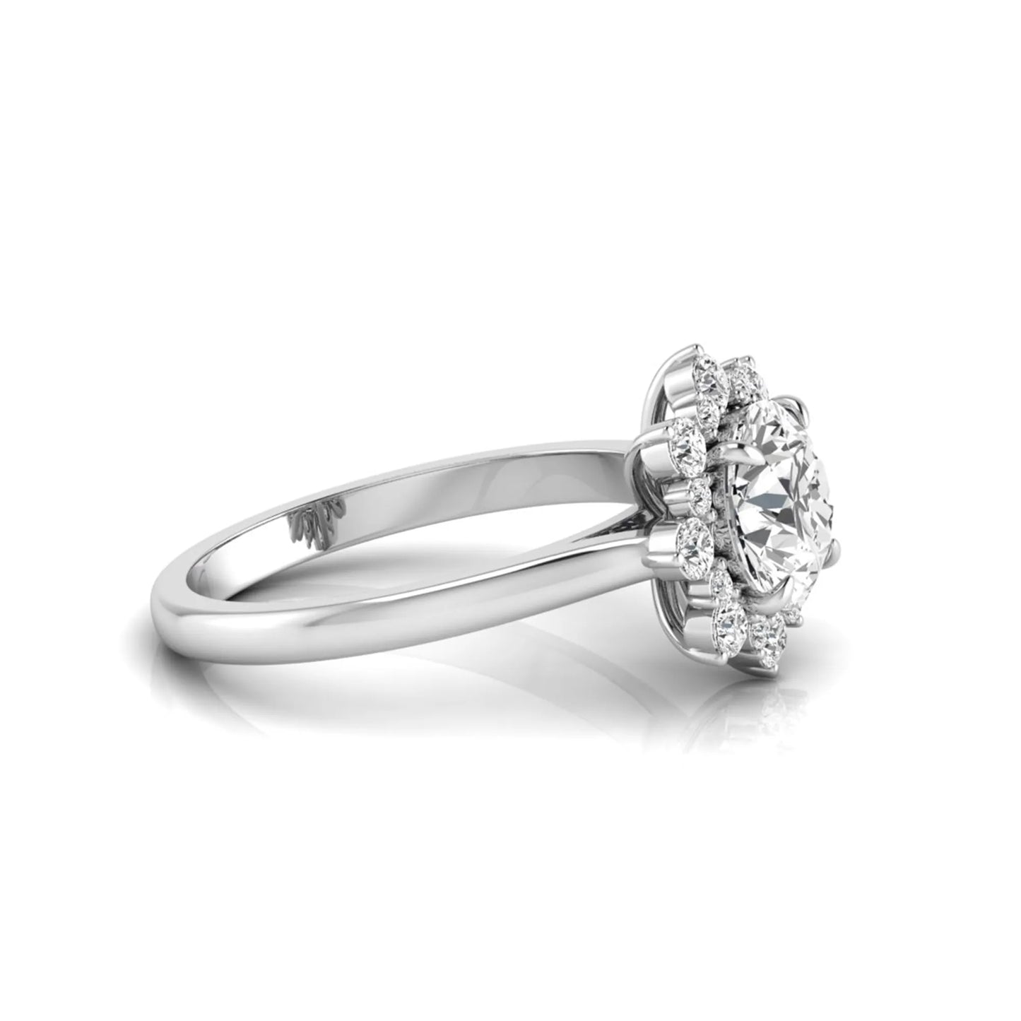 Round cut halo lab grown diamond floral engagement ring with white Gold metal tone
