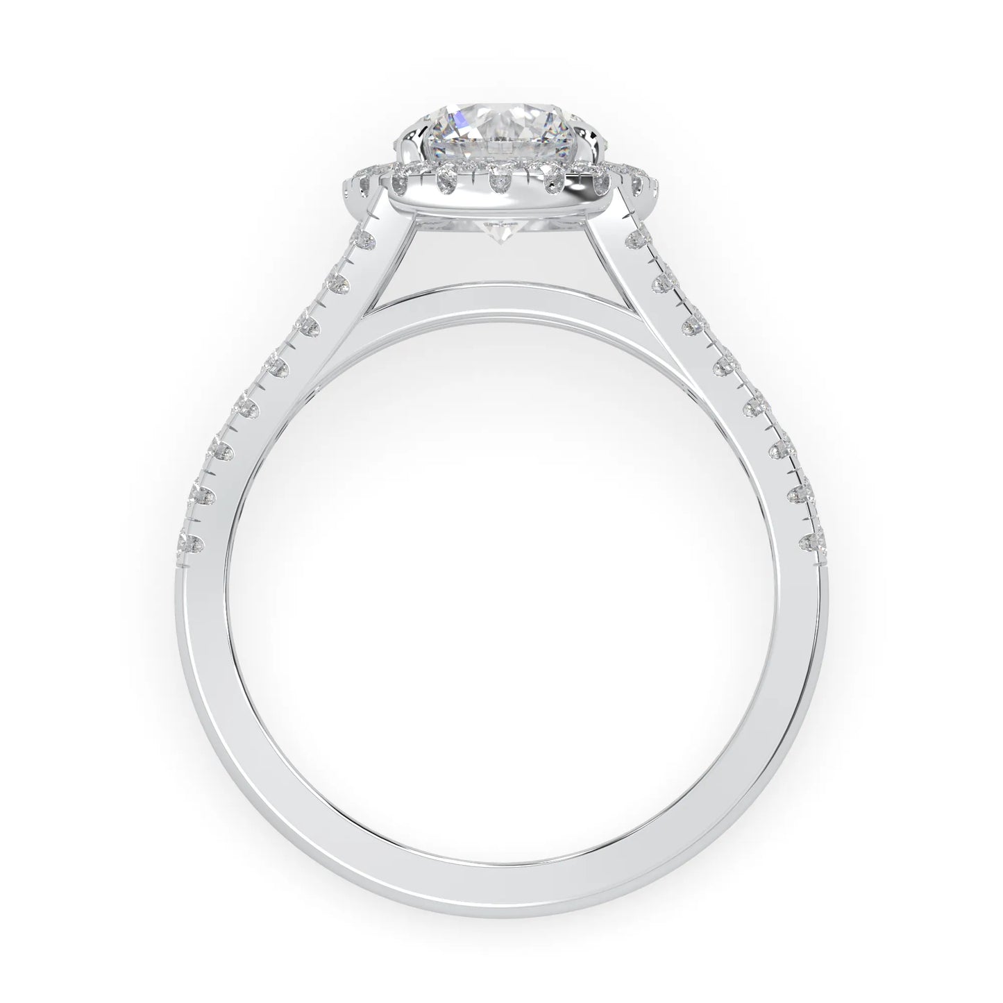 Round cut lab grown diamond halo engagement ring with pavé split shank and round accent diamonds in a white gold tone design.