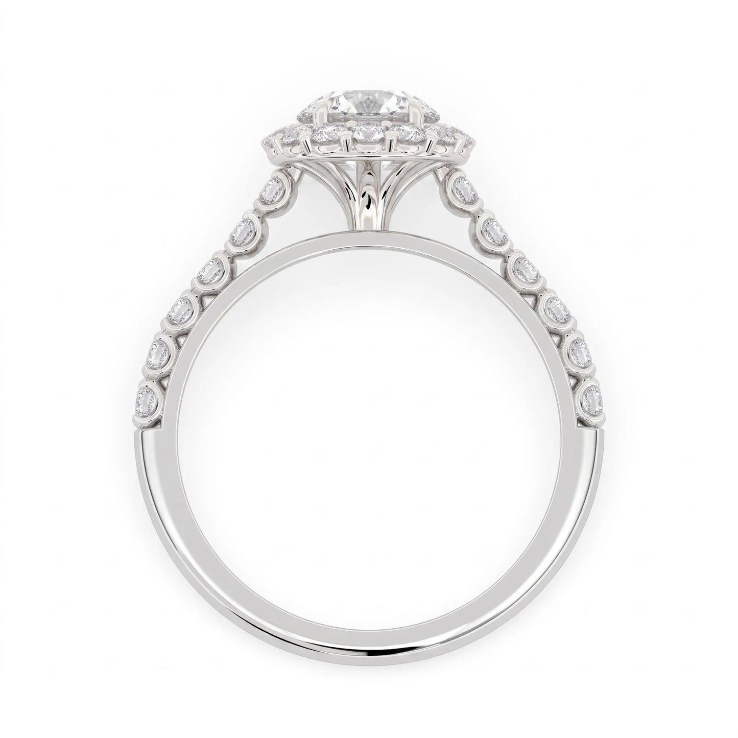 Round halo lab grown diamond engagement ring featuring a 6.50 mm round center diamond with pavé band and prong-set halo in a white gold tone design.
