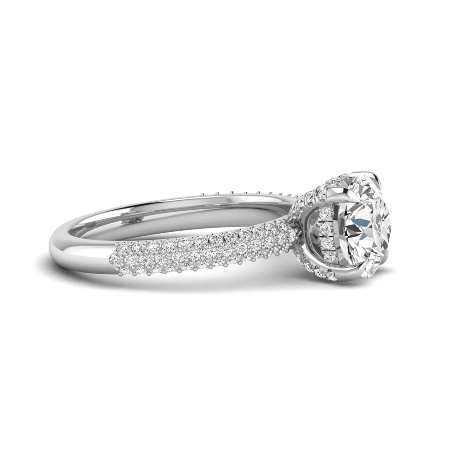 IGI Certified 2.04 carat round cut lab grown diamond hidden halo engagement ring with pavé diamond side stones in white gold.