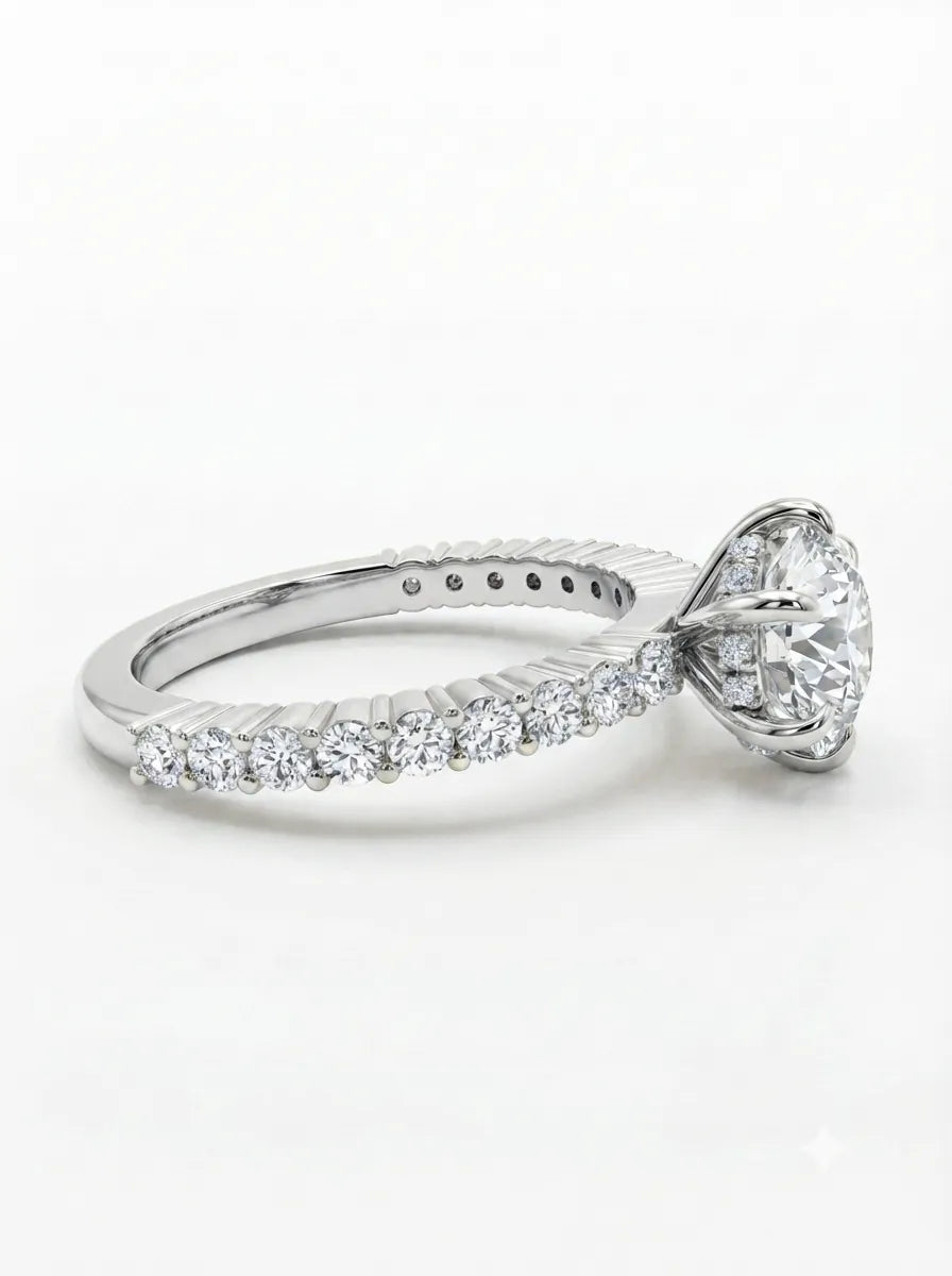 Round hidden halo lab grown diamond engagement ring featuring a round cut center diamond with pavé band in white gold design.