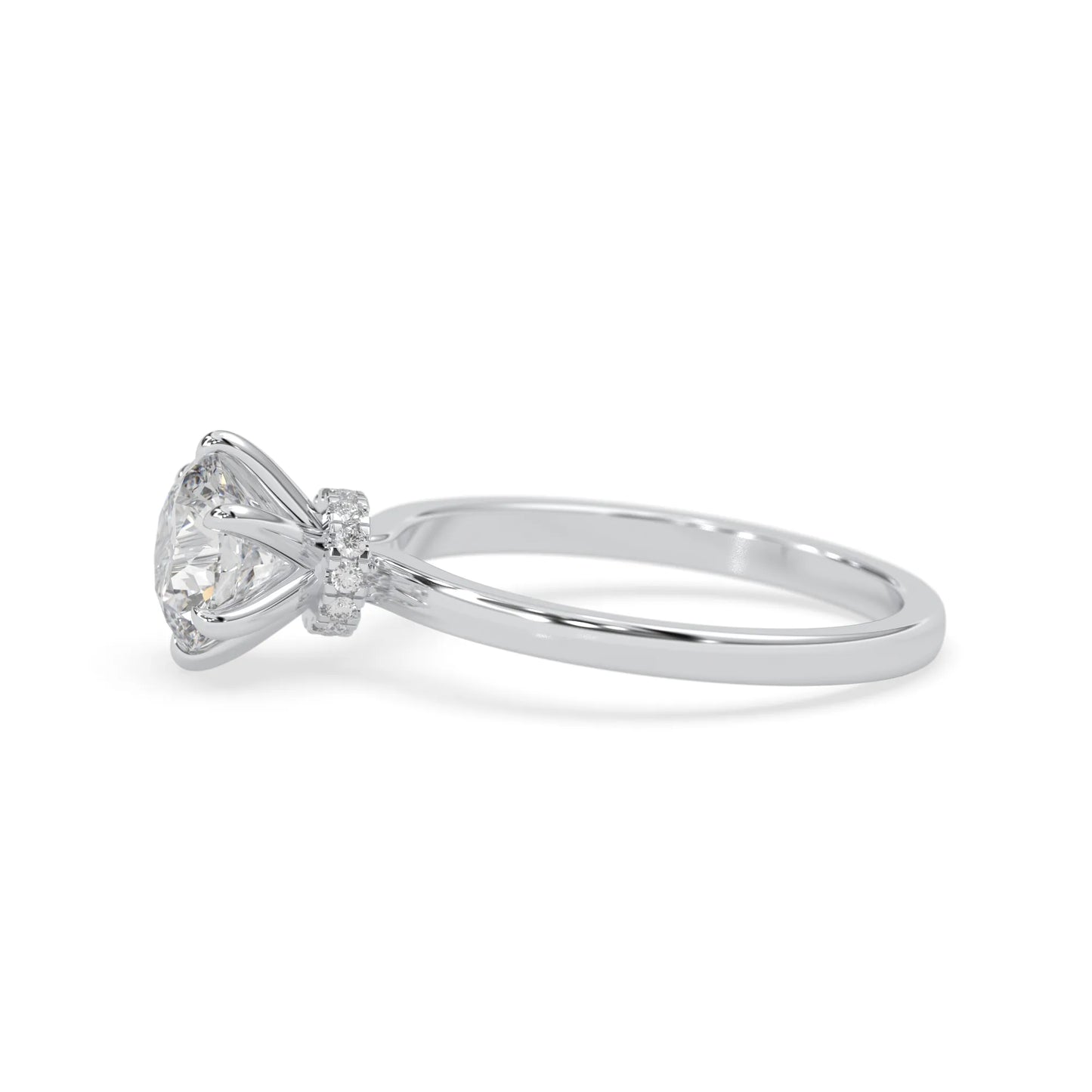 Round cut lab grown diamond solitaire engagement ring with hidden halo and six-prong setting in a white gold tone design.