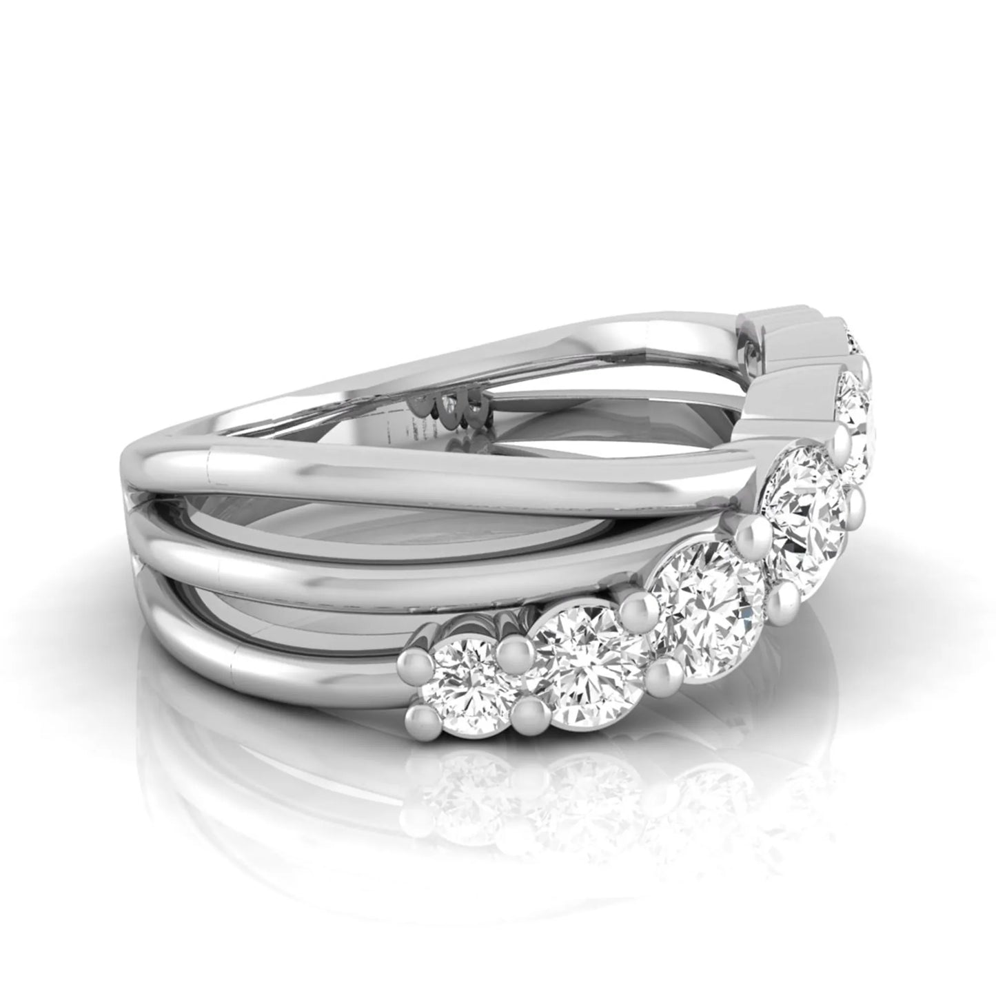 Round lab grown diamond graduated band ring featuring 1.00 carat total weight of brilliant round diamonds in white gold.