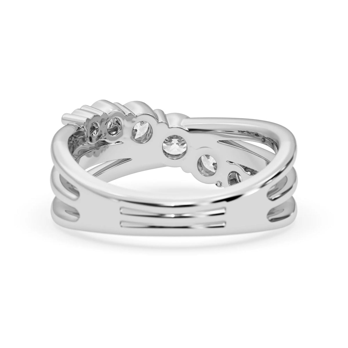 Round lab grown diamond graduated band ring featuring 1.00 carat total weight of brilliant round diamonds in white gold.