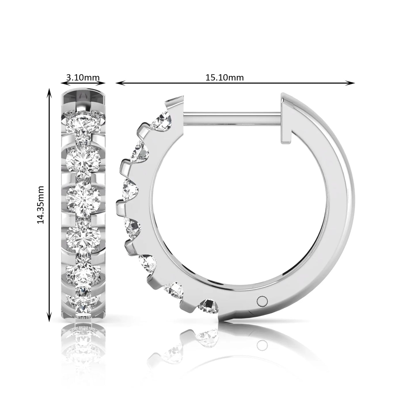 Round lab grown diamond half eternity huggie hoop earrings featuring a continuous row of round brilliant diamonds in a shared prong setting in white gold