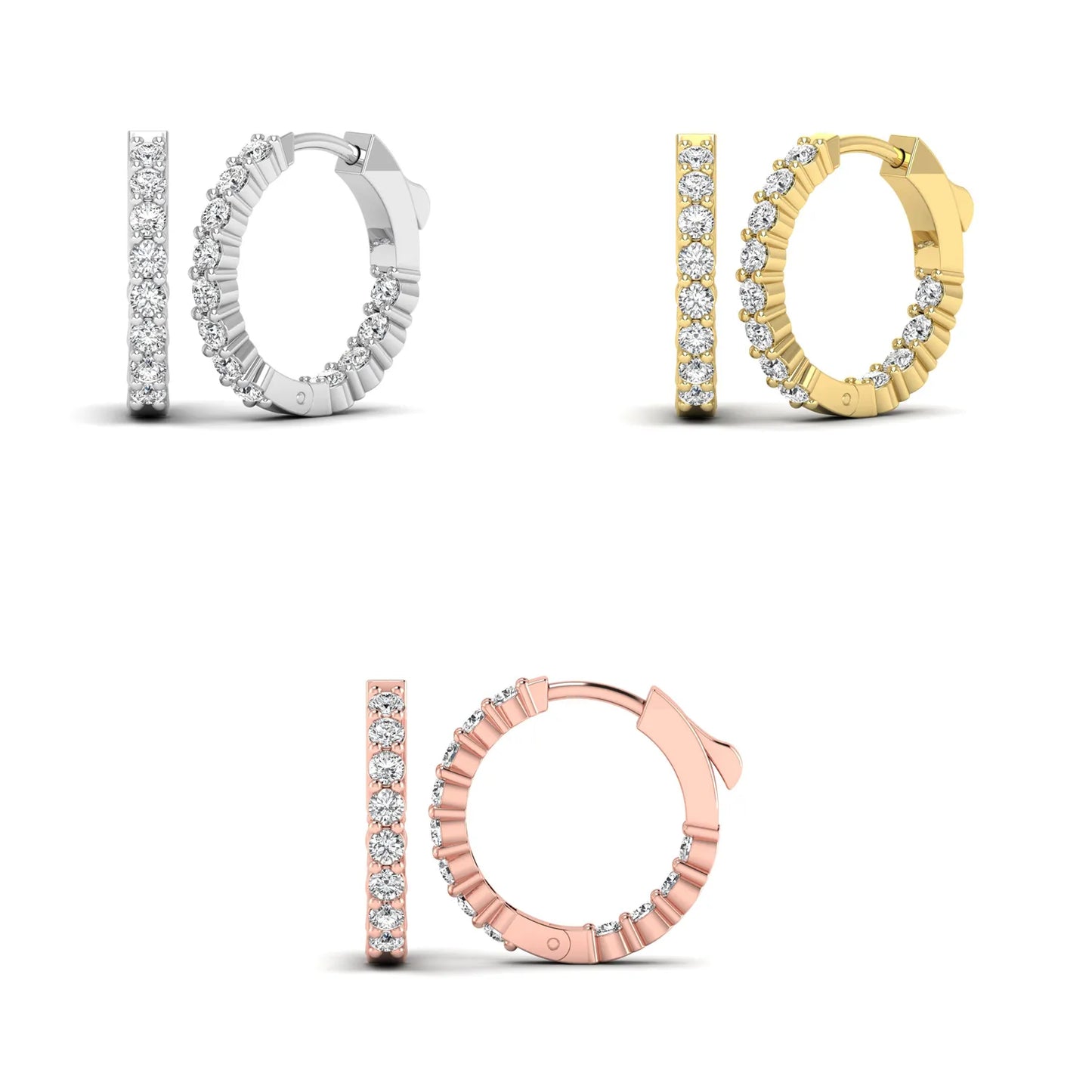 Set of four diamond hoop earrings in different colors on a white background