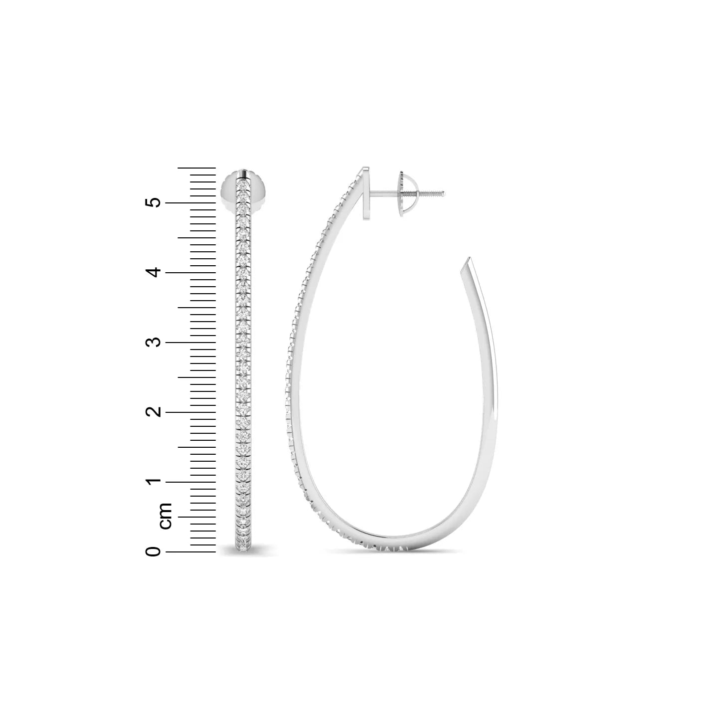 Round lab grown diamond teardrop hoop earrings featuring round brilliant diamonds set along the front outer curve in a modern open hoop design in white gold