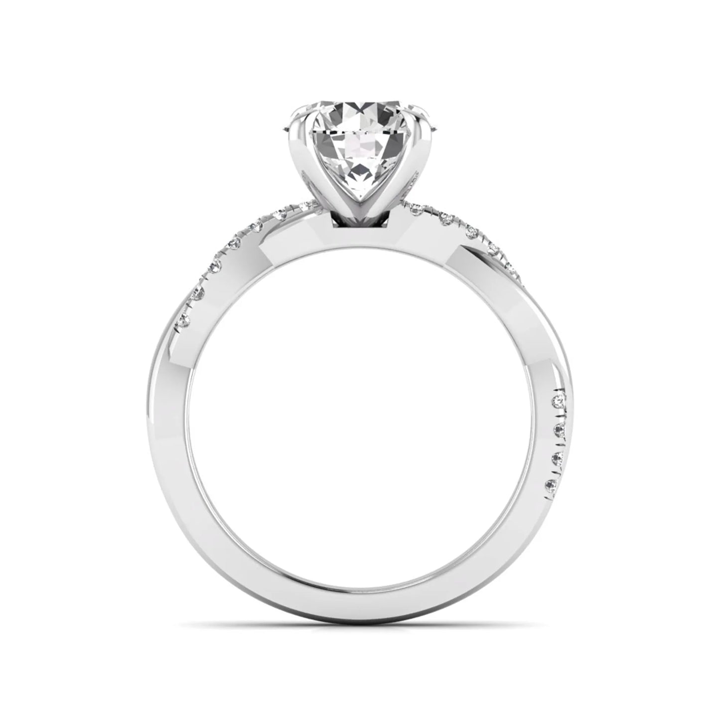 Round cut lab grown diamond twisted pavé engagement ring in white gold featuring a 2.04 carat IGI certified center diamond.