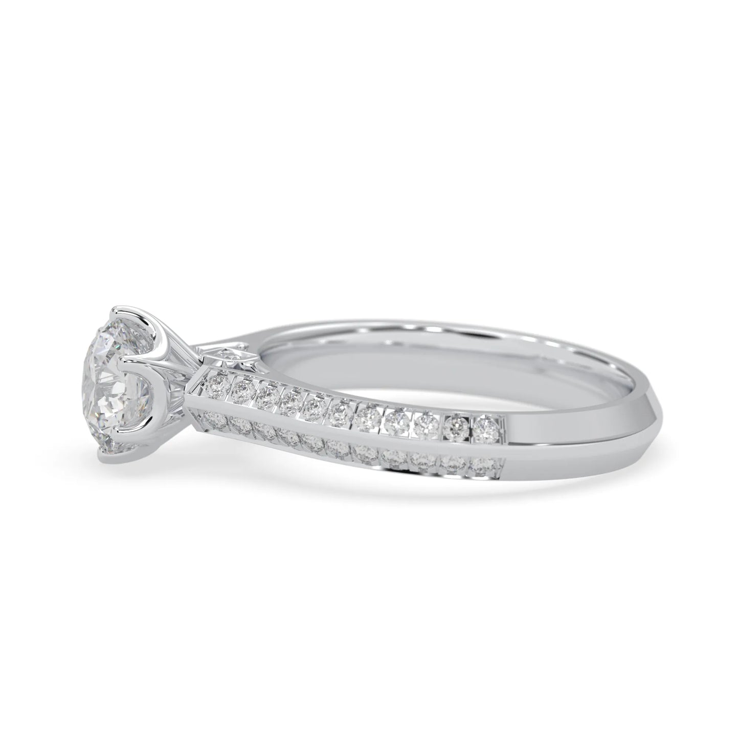 Round cut lab grown diamond engagement ring featuring a six-prong setting with pavé accent diamonds and white gold finish.