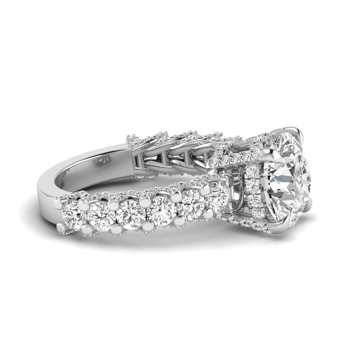 Round prong set lab grown diamond hidden halo engagement ring featuring a 9.45 mm round center diamond with pavé cathedral band and graduated round side diamonds in white gold