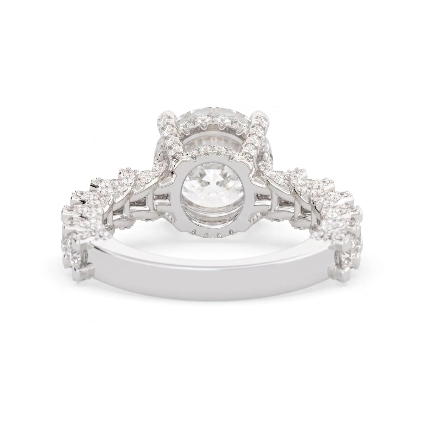 Round prong set lab grown diamond hidden halo engagement ring featuring a 9.45 mm round center diamond with pavé cathedral band and graduated round side diamonds in white gold