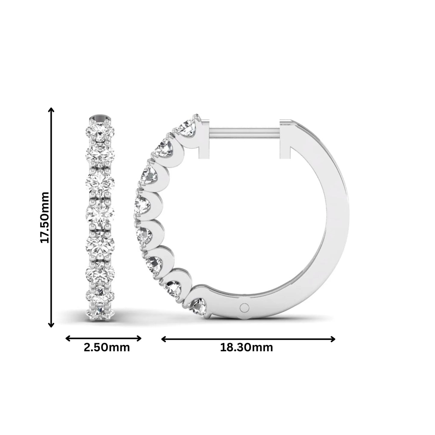 Round prong set lab grown diamond hoop earrings featuring brilliant round cut diamonds in a white gold finish with a hinged closure.