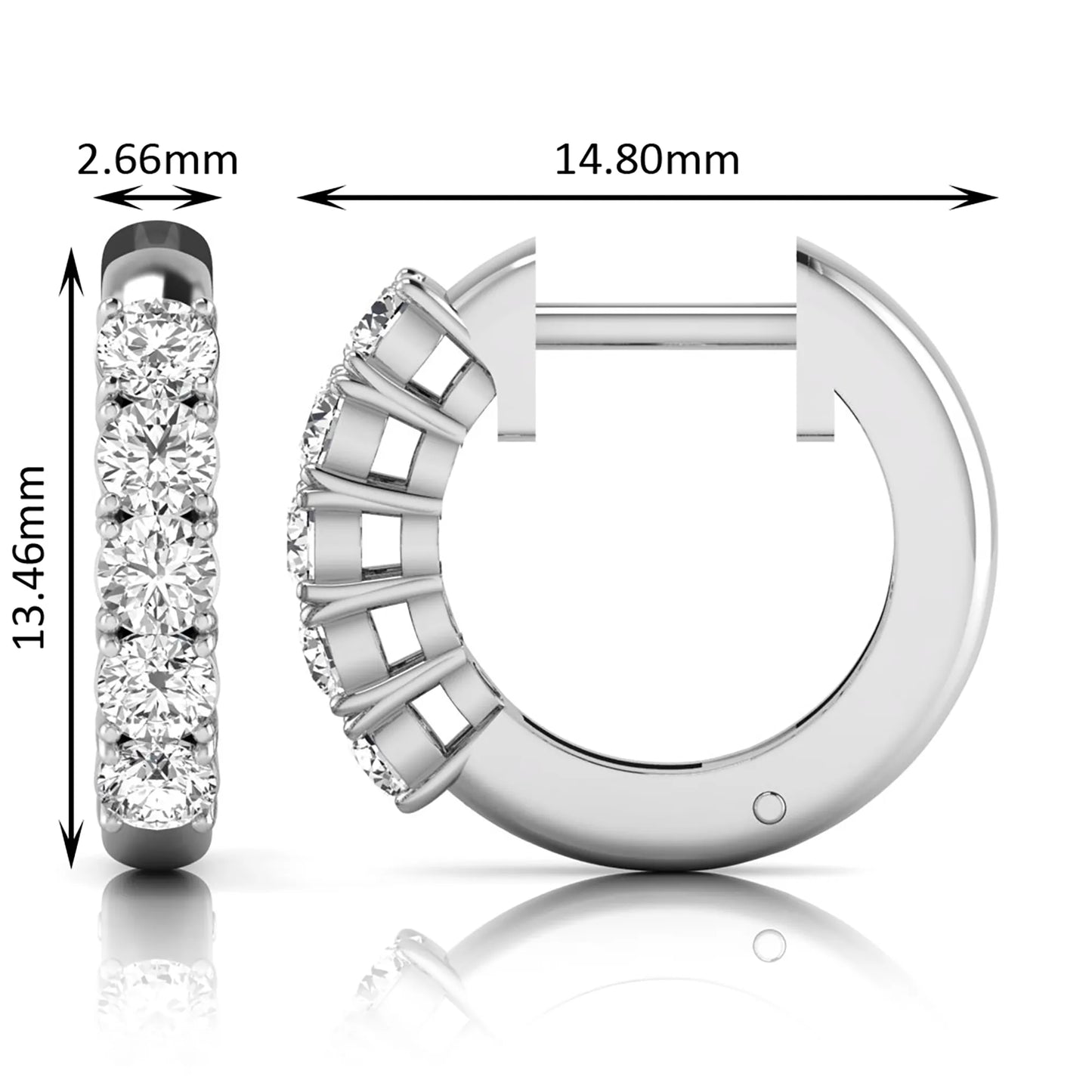 Round cut lab grown diamond front-facing huggie hoop earrings featuring a shared four prong setting, hinged snap closure, and polished white gold finish.