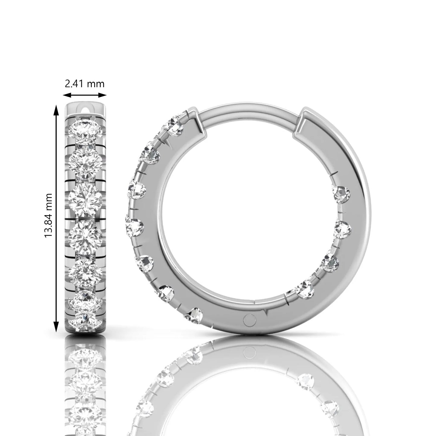 Round prong set lab grown diamond huggie hoop earrings featuring round cut diamonds in a classic hinged hoop design with white gold tone shown for display.