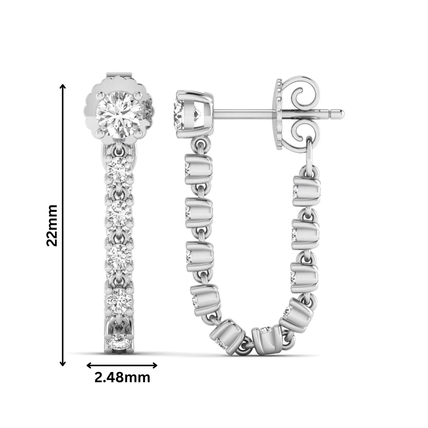 Round prong set lab grown diamond linear drop earrings featuring graduated round cut diamonds in a white gold finish with push back closure.