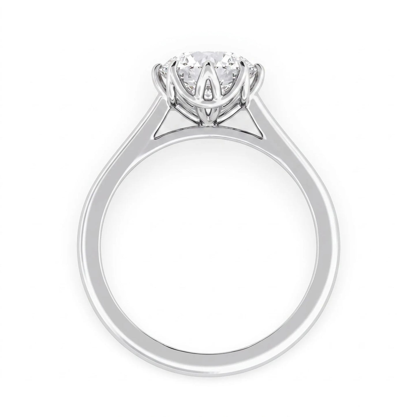 Round cut lab grown diamond solitaire engagement ring featuring a six-prong setting and polished white gold tone band.