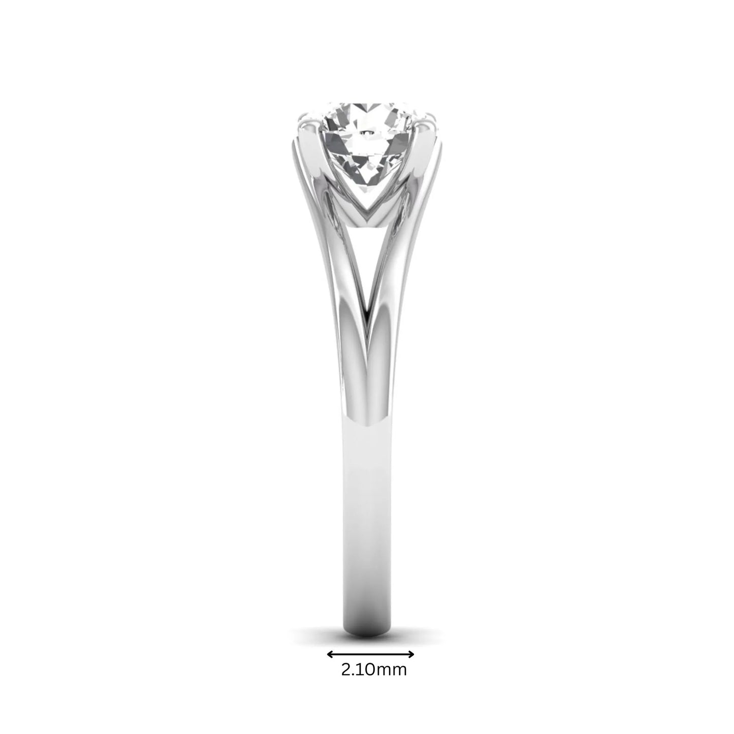 Round cut lab grown diamond solitaire split shank engagement ring with classic prong setting and white gold tone shown for design reference.