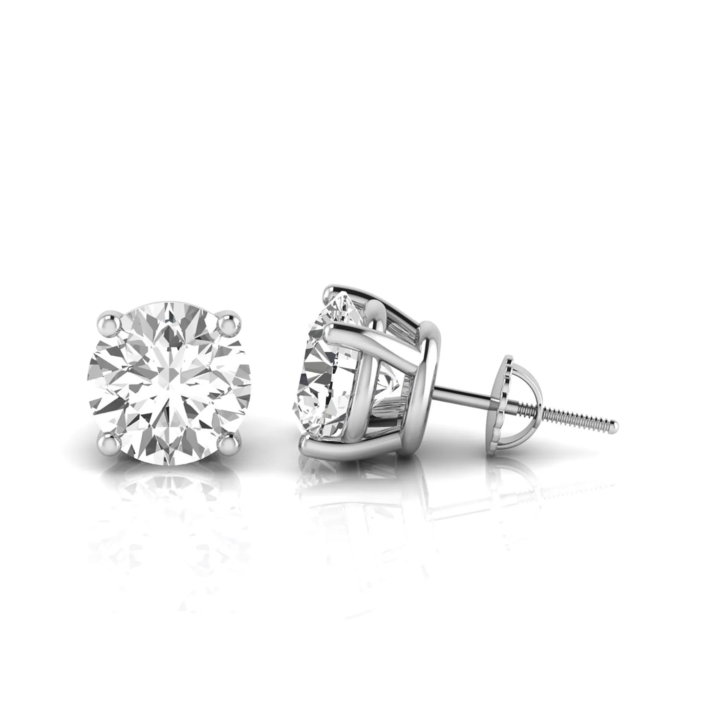 Round cut lab grown diamond stud earrings featuring a classic four-prong setting with secure screw back closure in a white gold tone.