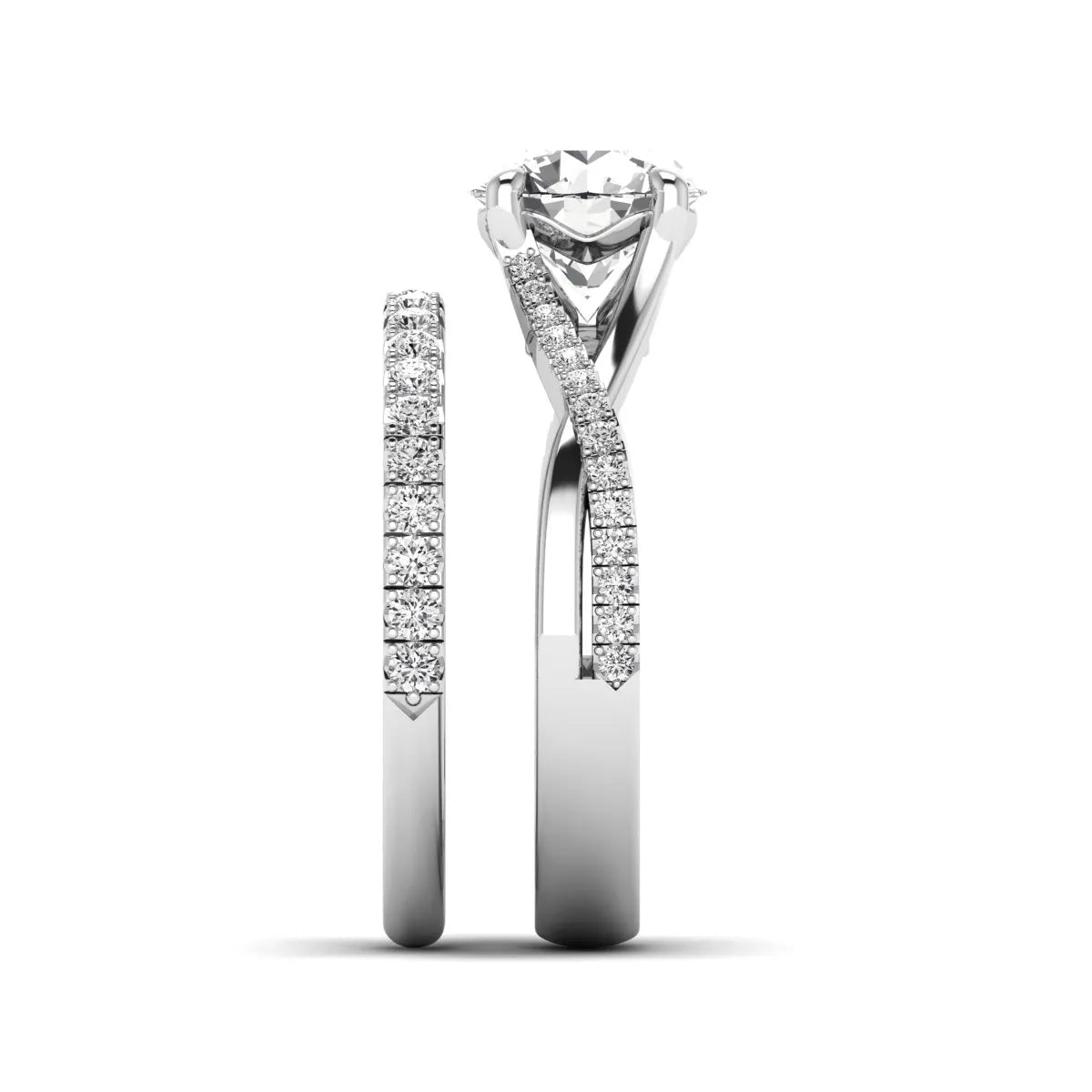 Round prong set lab grown diamond twisted shank bridal ring set featuring a 2.00 carat round center diamond with pavé round side diamonds in white gold finish.