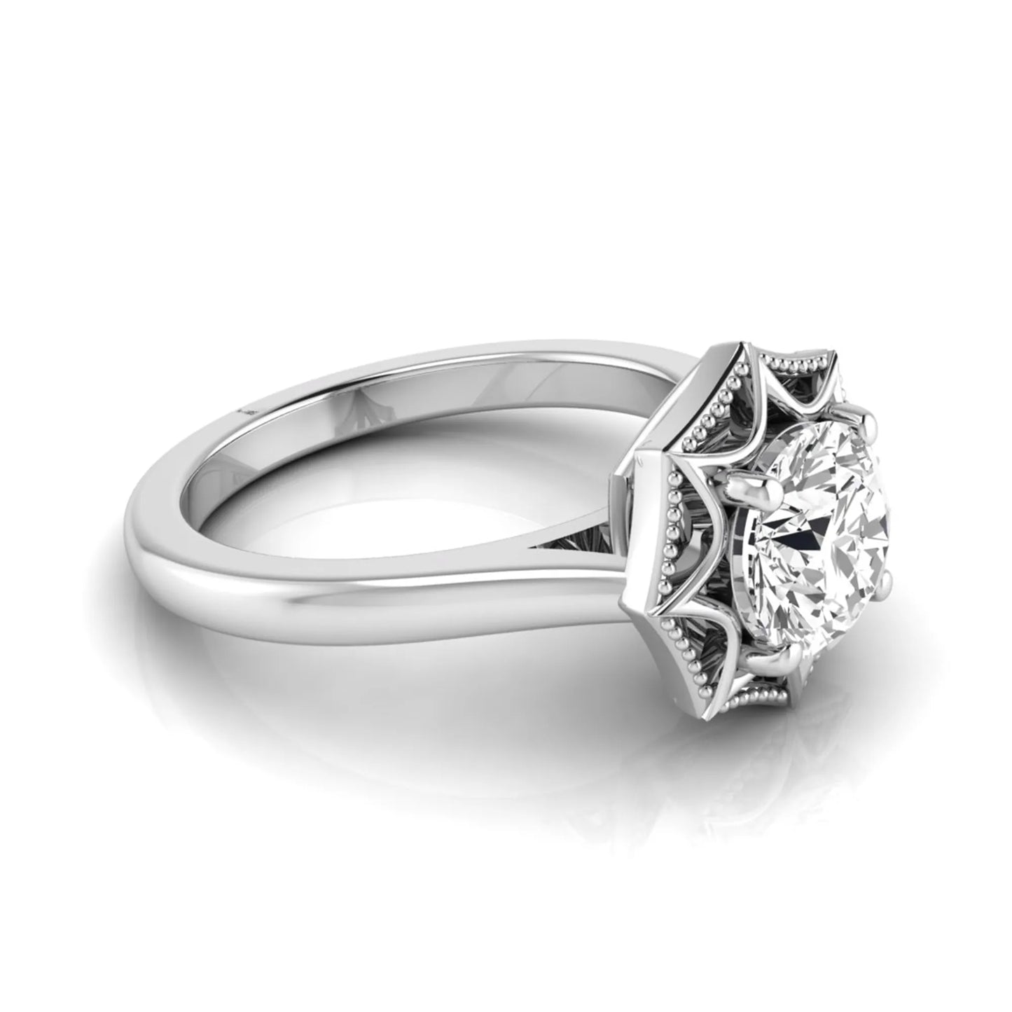 Round prong set lab grown diamond vintage solitaire engagement ring featuring a 1.28 carat round center diamond in an intricate starburst setting with milgrain detailing in white gold