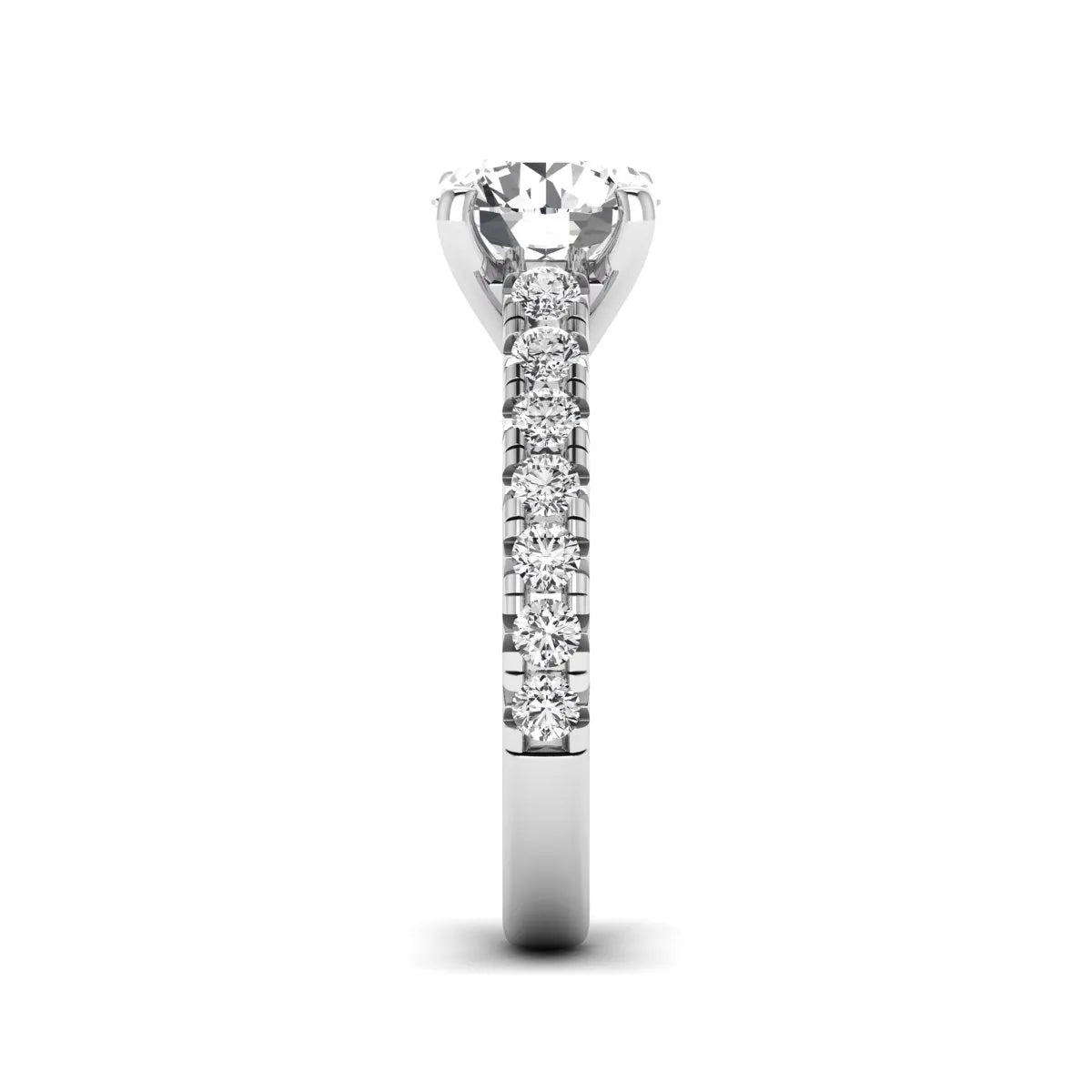 IGI Certified 1.55 carat round cut lab grown diamond engagement ring with round side stone accents in white gold.