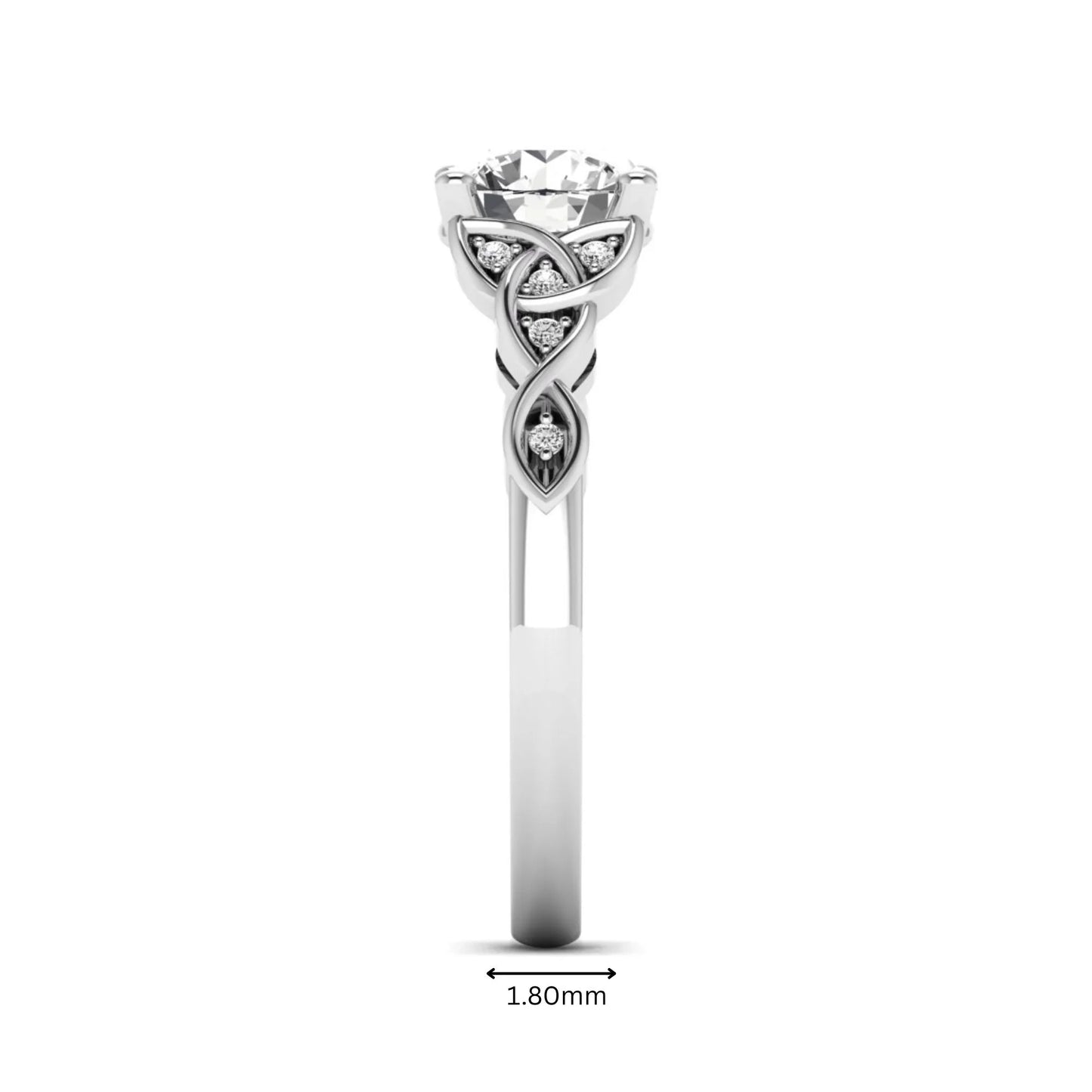 Round cut lab grown diamond solitaire engagement ring featuring a four-prong center diamond with an intricate Celtic knot-inspired band and round accent diamonds in a white gold finish.