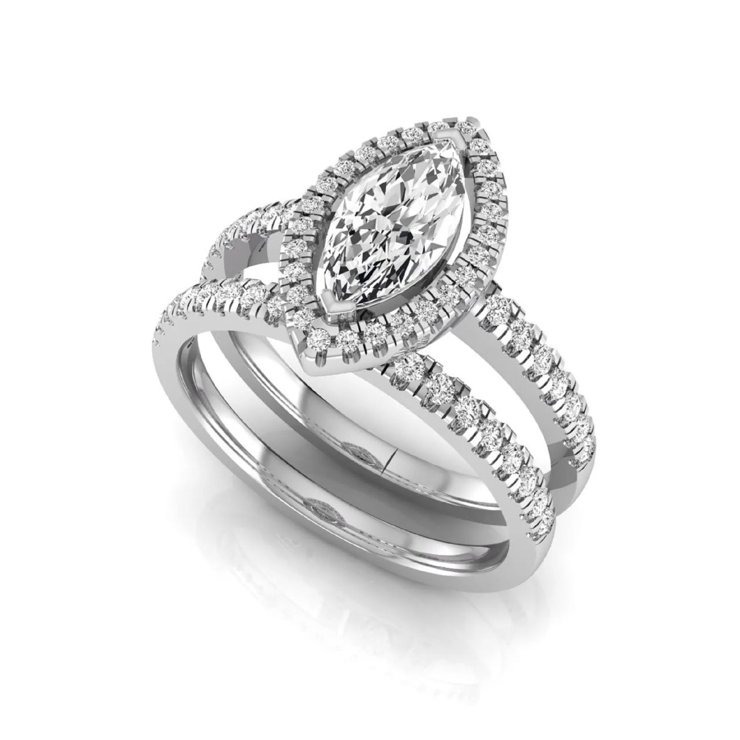 Marquise cut lab grown diamond halo bridal ring set with round diamond pavé band in white gold design.