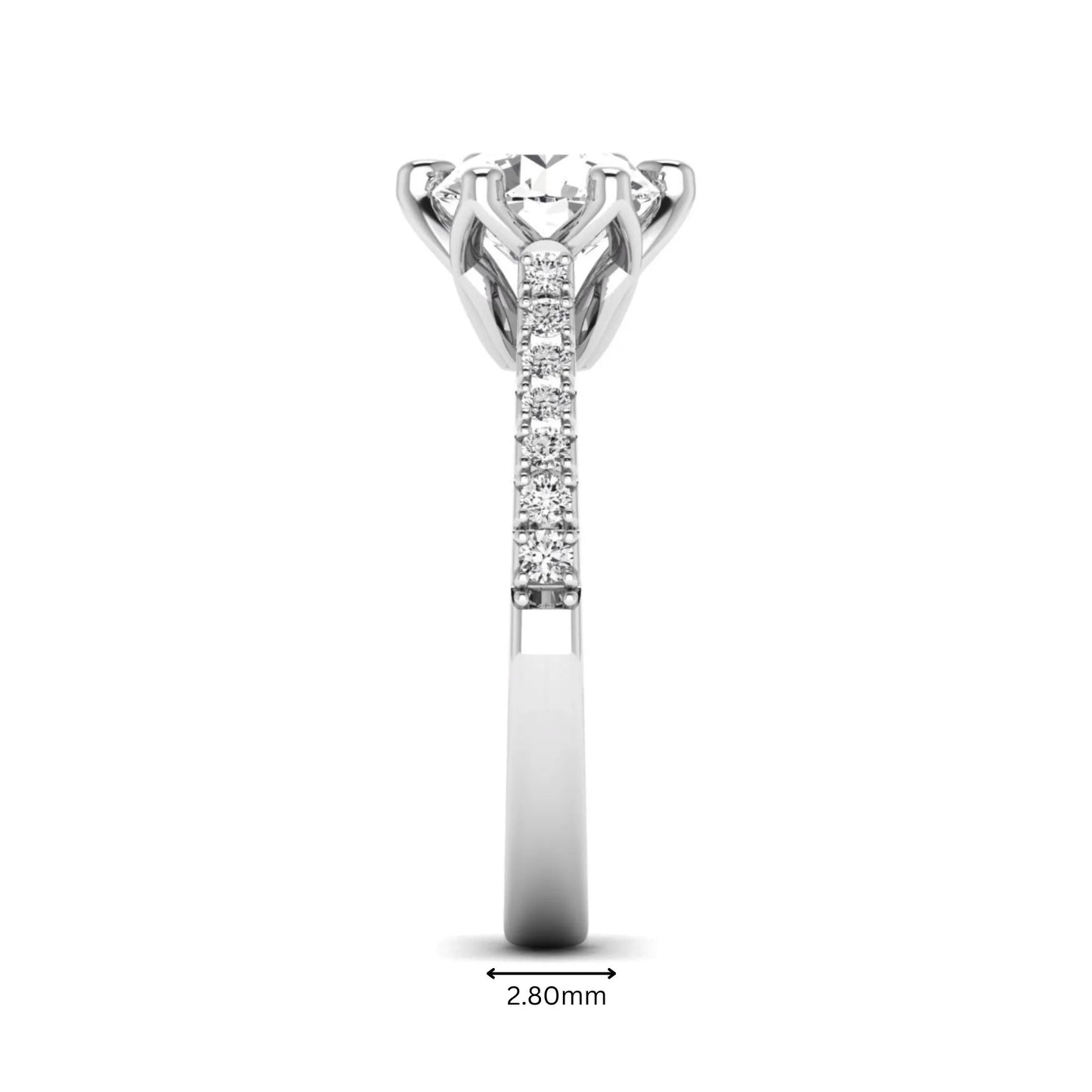 Round solitaire pavé lab grown diamond engagement ring featuring a 2.43 carat round brilliant IGI certified center diamond with pavé accent diamonds on a white gold band.