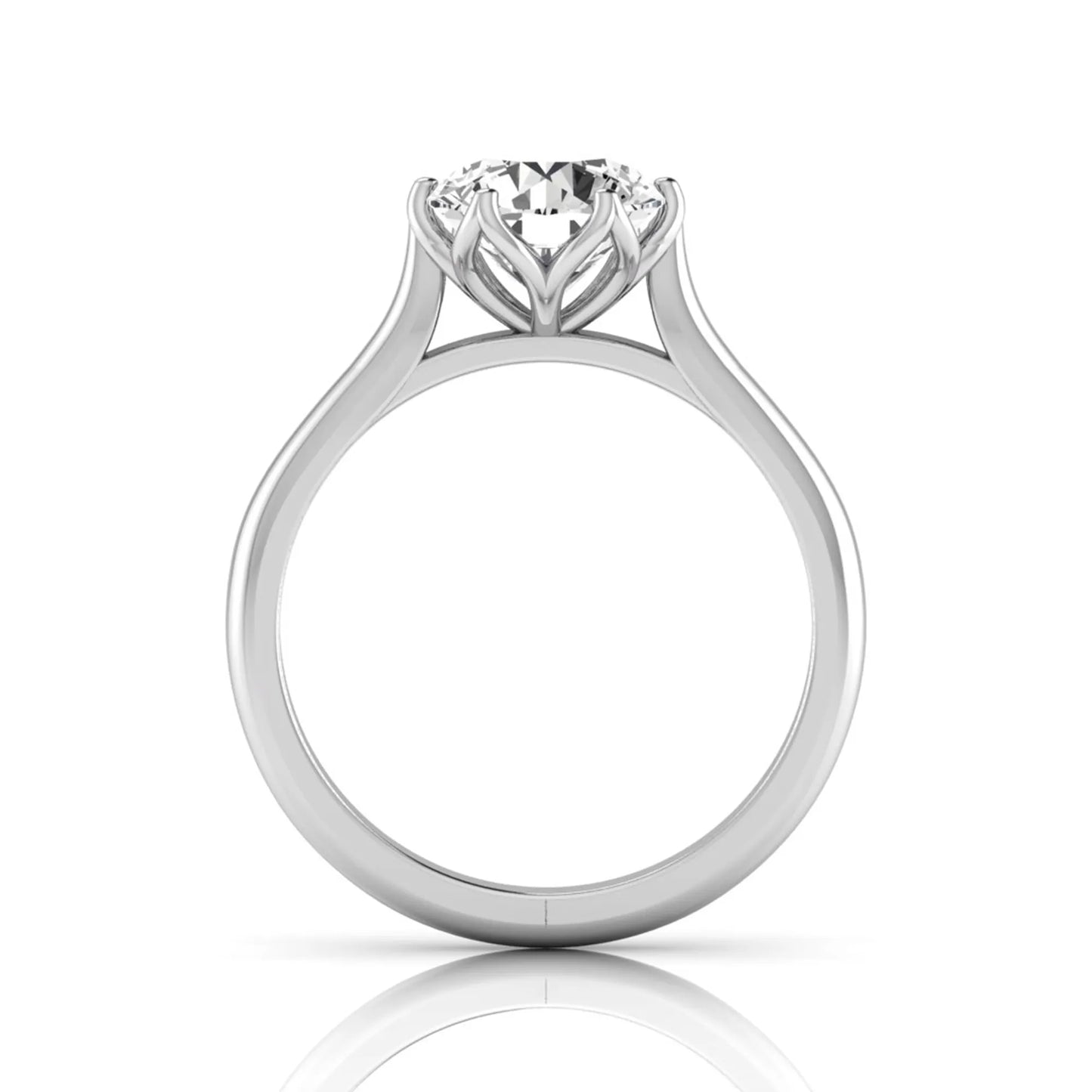 Round cut lab grown diamond solitaire engagement ring featuring a classic six-prong setting on a polished white gold style band.